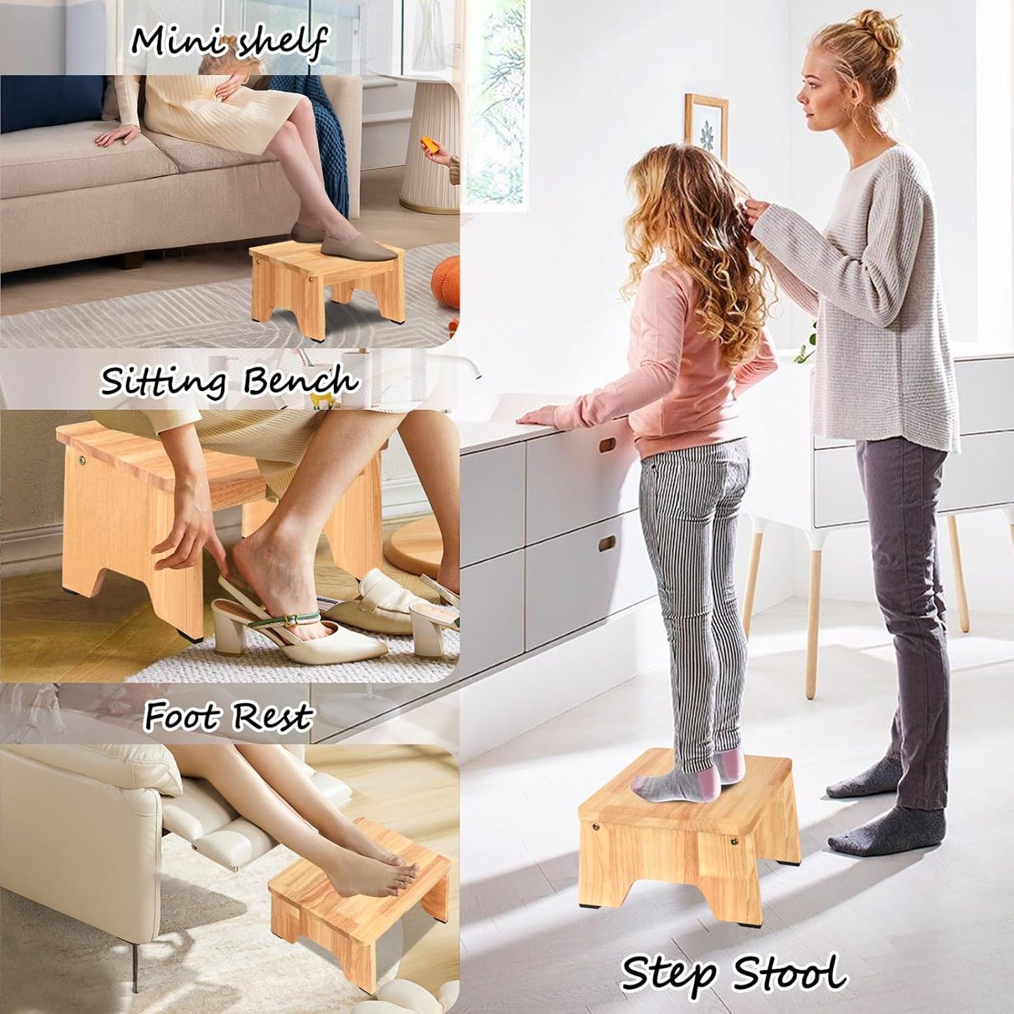 One Step Stool for Adults Seniors, 9" Heavy Duty Wooden Stepping Stools with 550 LBS Capacity for Bedroom Kitchen Bathroom, Bed Steps for High Beds, Bedside Support
