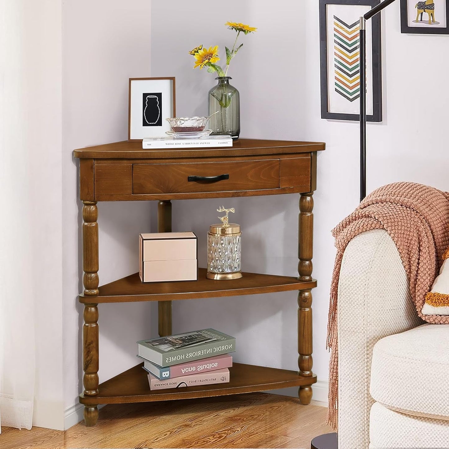GDFStudio Trmxmbi 3 Tier Corner Console Table with 1 Storage Drawers and Shelves, 33.8'' Rustic Wood Triangle Sofa End Table for Small Spaces, Solid Wood Legs, Brown
