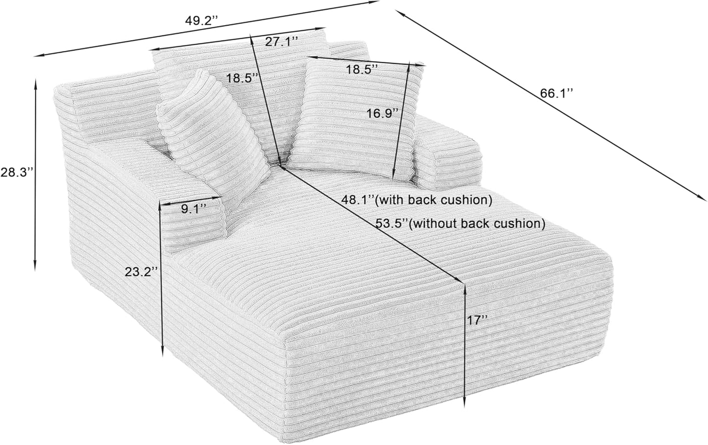 Oversized Chaise Daybed Lounge Sleeper Chair Sofa Full Foam Cloud Chaise Sofabed for Living Room,Luxury Plush Corduroy Upholstered Sleeper Couch Extra Wide Chair Bed W/3 Pillows for Home/Apartment