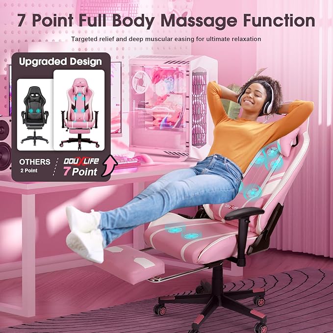 Douxlife Computer Gaming Chair with Footrest, Height Adjustable Game Chair for Adults 360°-Swivel Seat and Headrest and for Office or Gaming, Racing Style Pink and White