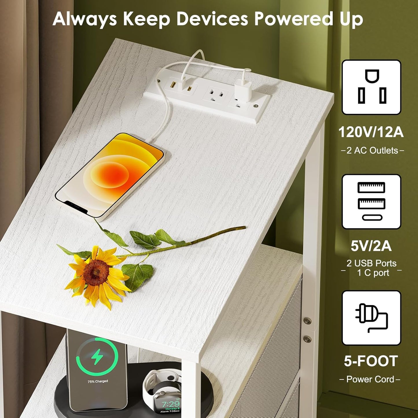 Fixwal Narrow Side Table with Charging Station and LED Light, Skinny Nightstand with 1 Fabric Drawer, Slim End Table for Bedroom, Dorm, Small Space, White