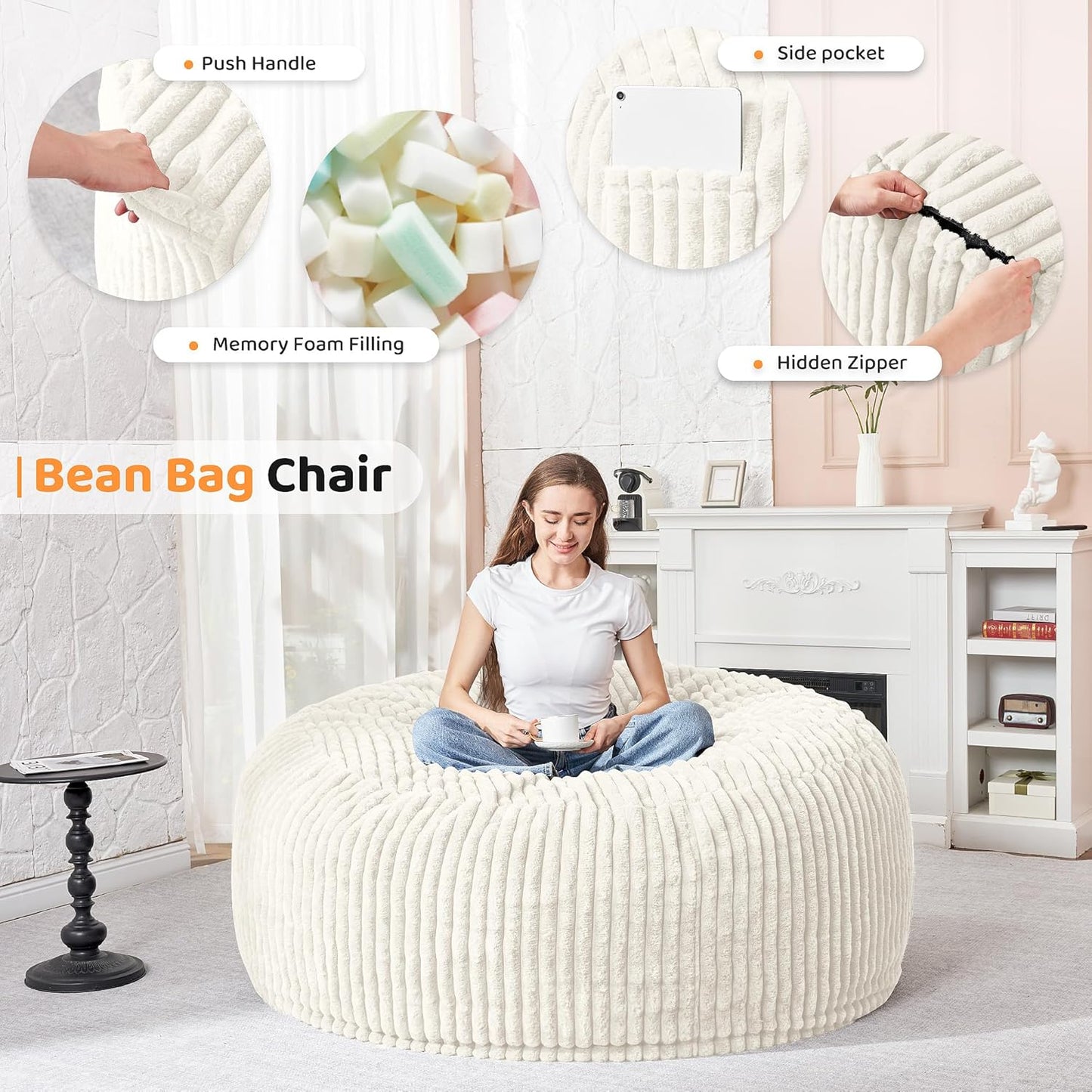 HABUTWAY 3FT Bean Bag Chair, 3' Large Bean Bag Chairs for Adults with Removable Stripe Plush Cover, Memory Foam Beanbag Chair for Living Room Bedroom Dorm (White)