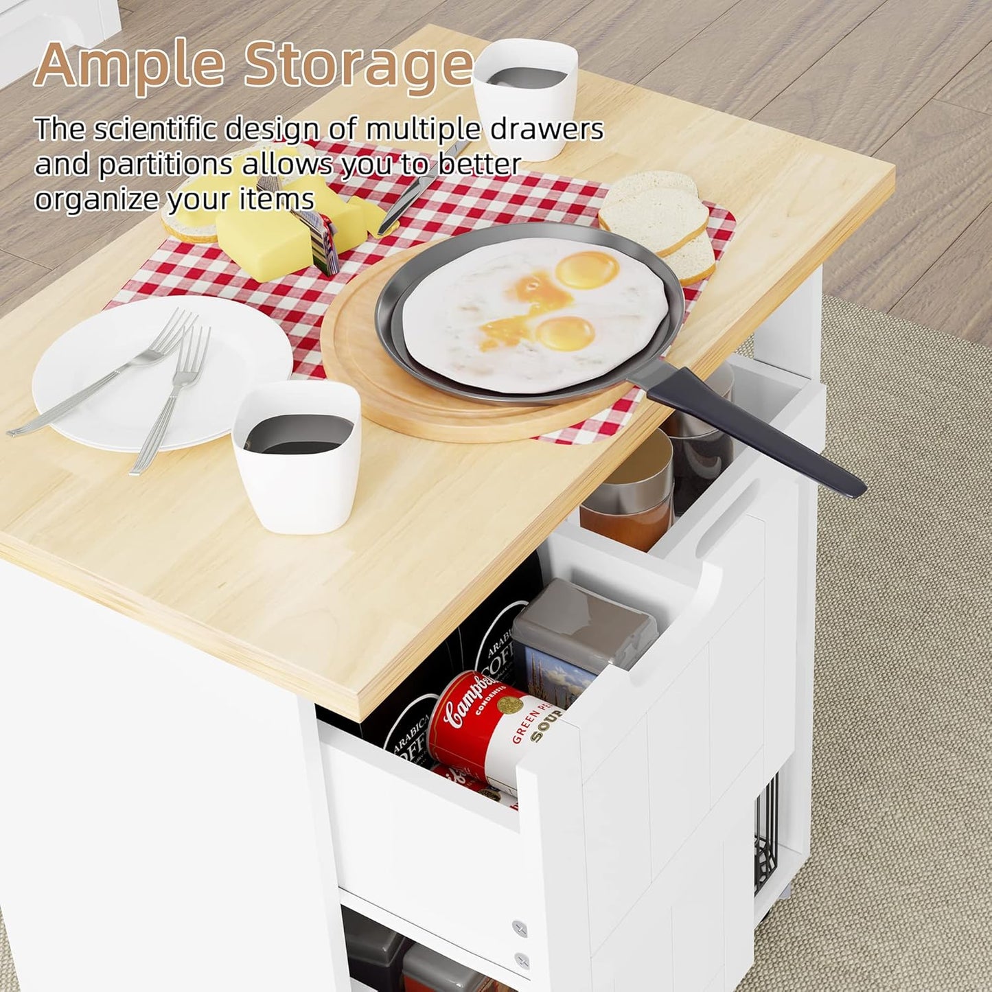 Shintenchi Kitchen Island Cart with Storage,Rolling Kitchen Island Storage Cabinet,Side Table on Wheels with Worktop,3 Open Shelves and 3 Drawers for Kitchen,Dinning Room, White