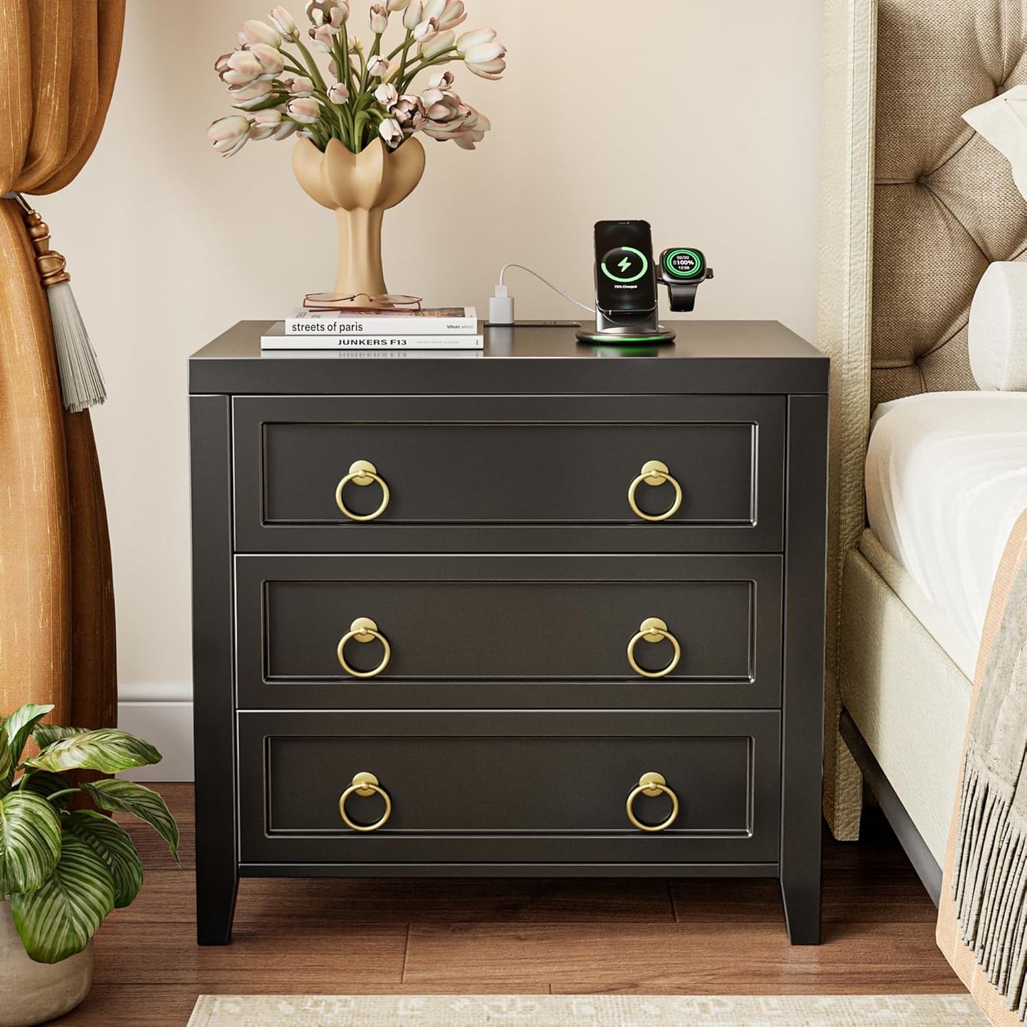 Huuger 23.6 Inch Night Stand with Charger Station and USB-C Port, 3 Drawer Nightstands Set of 2, Larger Wider Bedside Table, Modern End Table, for Bedroom, Black Nightstand