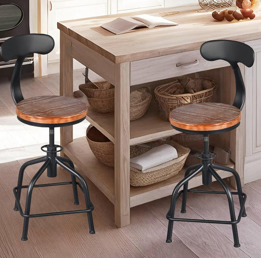 Topower Farmhouse Kitchen Stool, Industrial Counter Stool, Kitchen Deco Round Seat Standard Height Adjustable Swivel Bar Stools with Backrest Indoor House Design Iron Backrest Black Set of 2