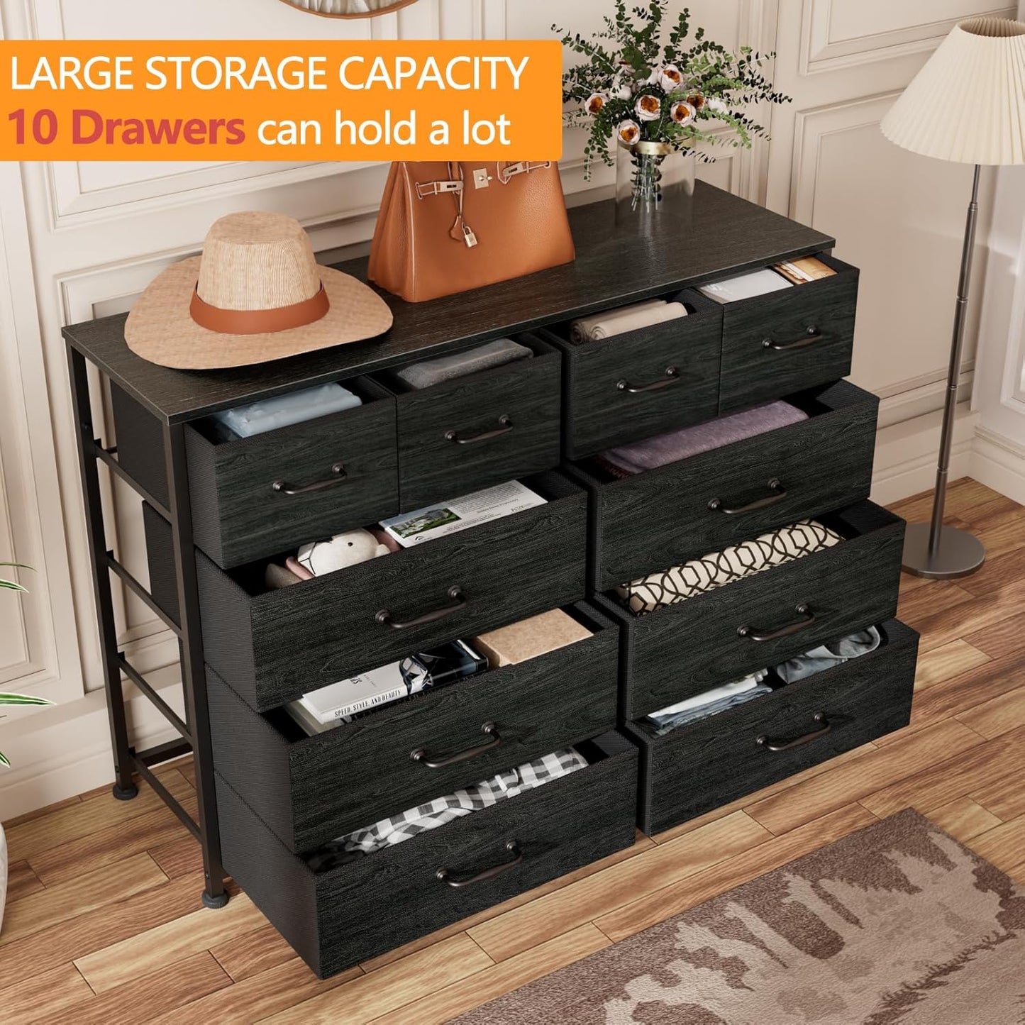 Furnulem Bedroom Dresser for 55”Long TV Stand Entertainment Center Dressers & Chests of Drawers,10 Storage Fabric Drawer, Sturdy Metal Frame Tall Storage Cabinet for Living Room, Entryway, Black Oak