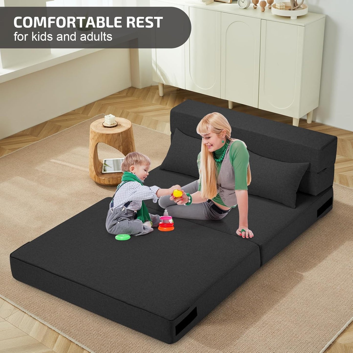 Folding Sofa Bed with Pillows- Convertible Chair Floor Couch & Sleeping Mattress, Foldable Memory Foam Sleeper for Living Room/Dorm/Guest Room/Home Office/Apartment/Loft, Twin, Dark Gray