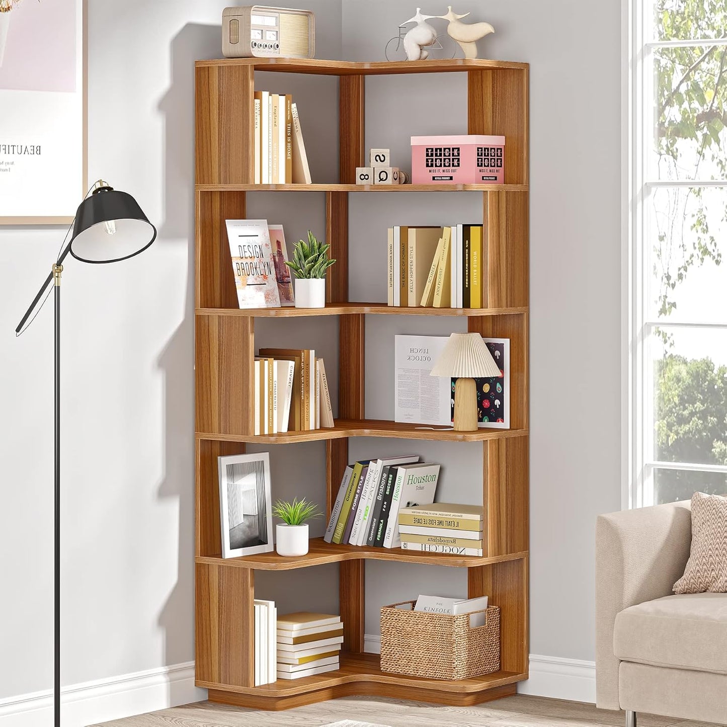 LITTLE TREE 6-Shelf Corner Bookshelf, 65” Tall L Shaped Bookcase, 6-Tier Industrial Corner Shelf Storage Display Rack for Living Room Home Office, Wood Grain Walnut