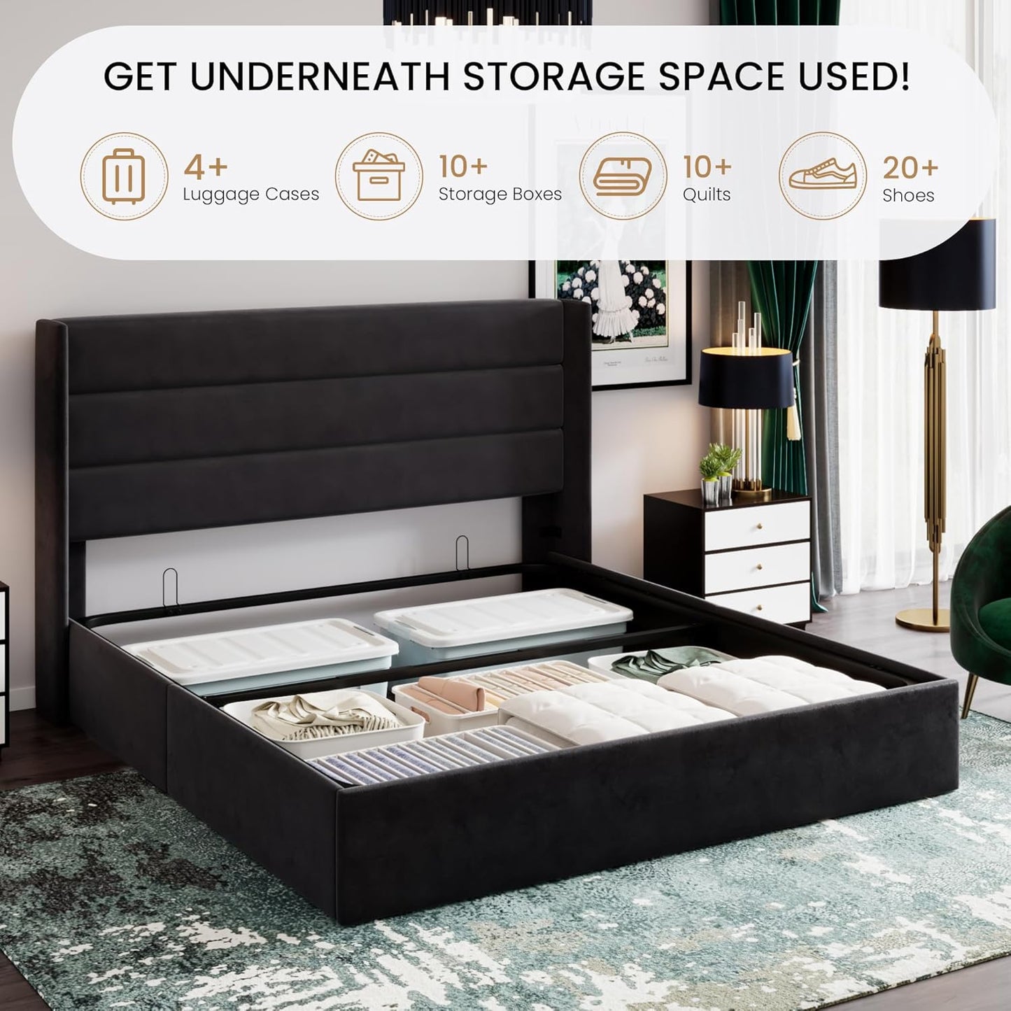 SHA CERLIN King Size Lift Up Storage Bed/Velvet Upholstered/Modern Wingback Headboard/Upholstered Platform Bed Frame/Hydraulic Storage/No Box Spring Needed/Black