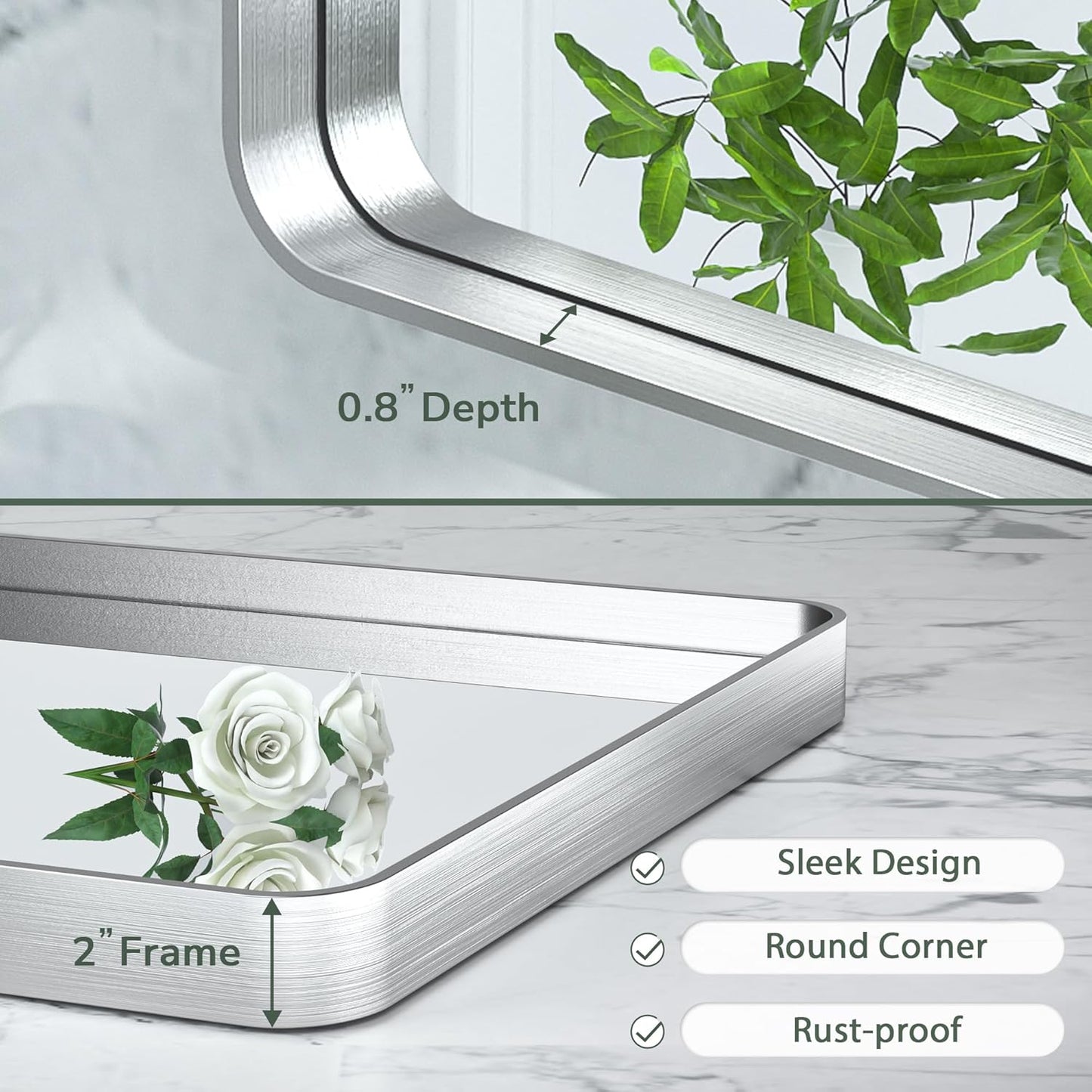 TokeShimi 60 x 28 Inch Wall Mirror for Bathroom Brushed Silver Metal Frame Decorative Rectangular Wall Mounted Home Decor Corner Hangs Farmhouse Mirror (Horizontal/Vertical)