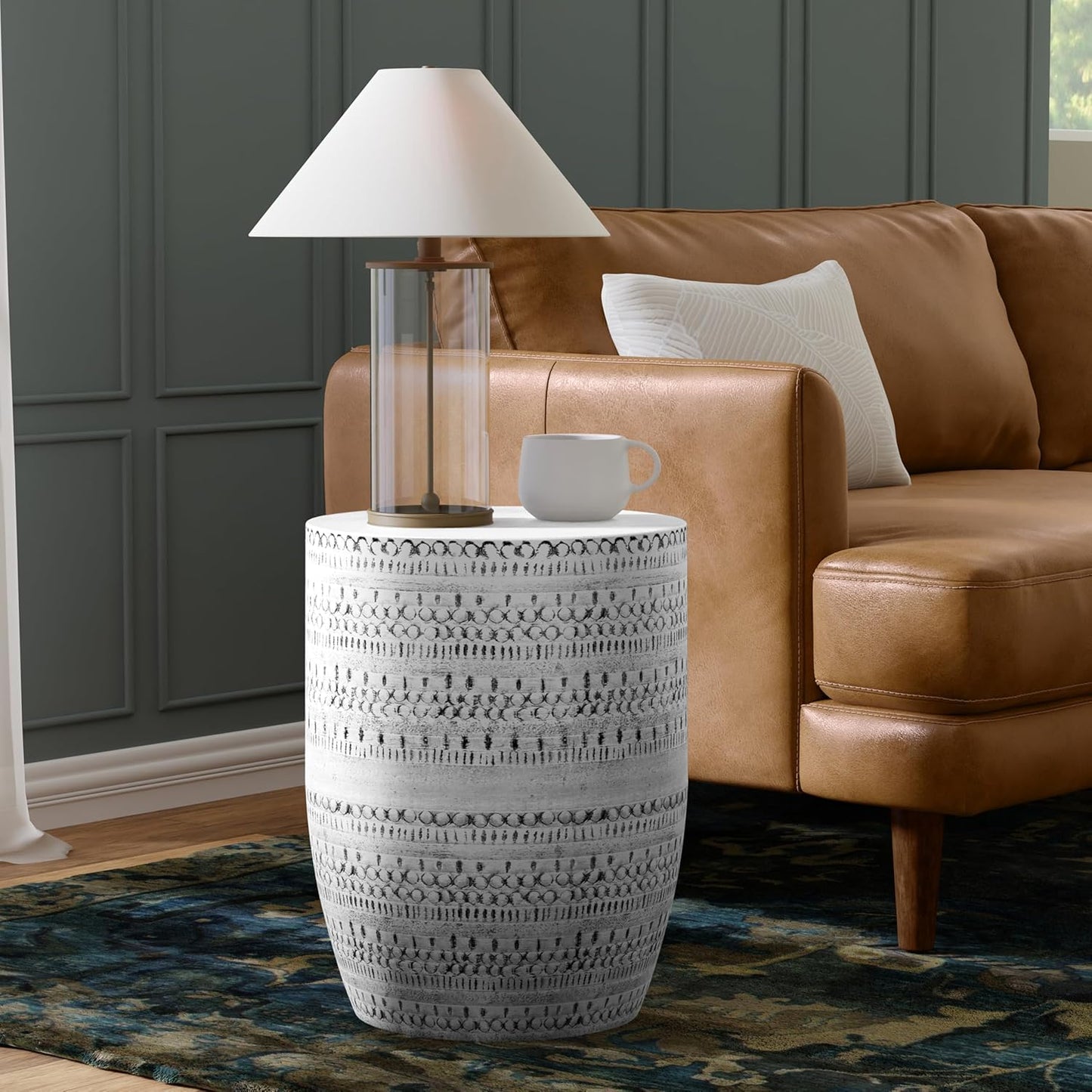 SIMPLIHOME Johnsen Metal Table - 15 inch Wide Solid Iron Drum Accent Table in Antique Silver with Tribal Pattern, Round Boho End Table for Living Room, Bedroom, or Home Office, Fully Assembled