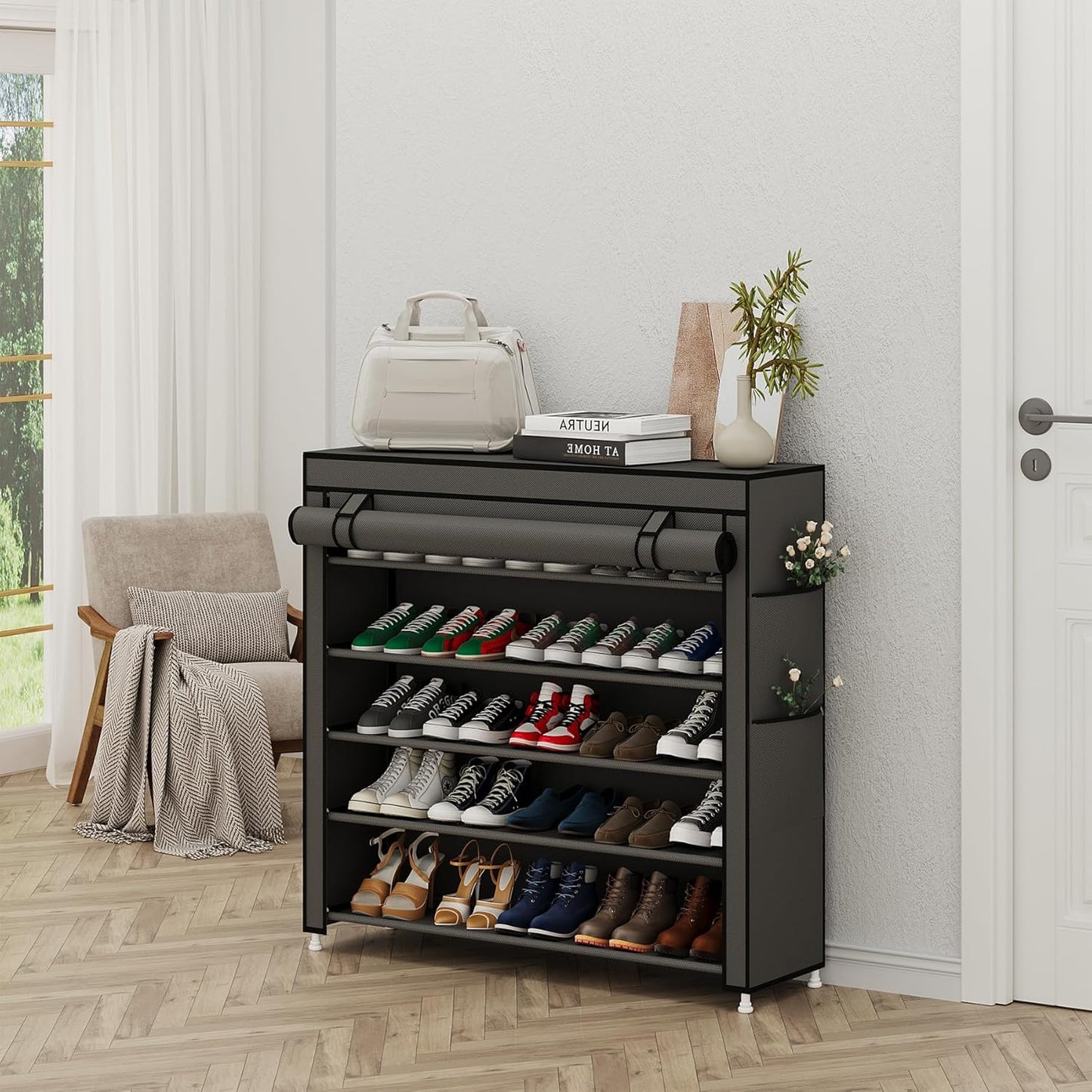 Calmootey 5 Tier Shoe Rack Organizer to Hold 25 Pairs, Portable Shoe Shelf with Nonwoven Fabric Cover for Closet Hallway, Bedroom, Entryway, Grey