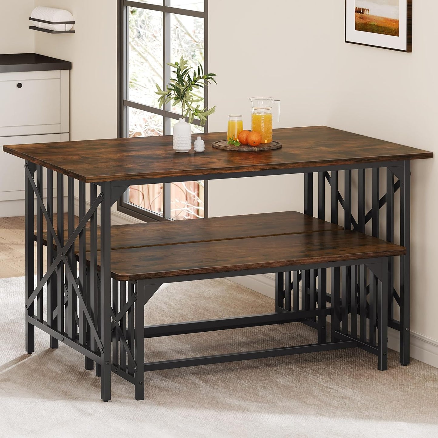 DWVO 3-Piece Kitchen Table with 2 Bench 47.2 Inch Dining Table Set for 4 People Industrial Rectangular Dining Room Furniture Set with Storage for Kitchen Rustic Brown