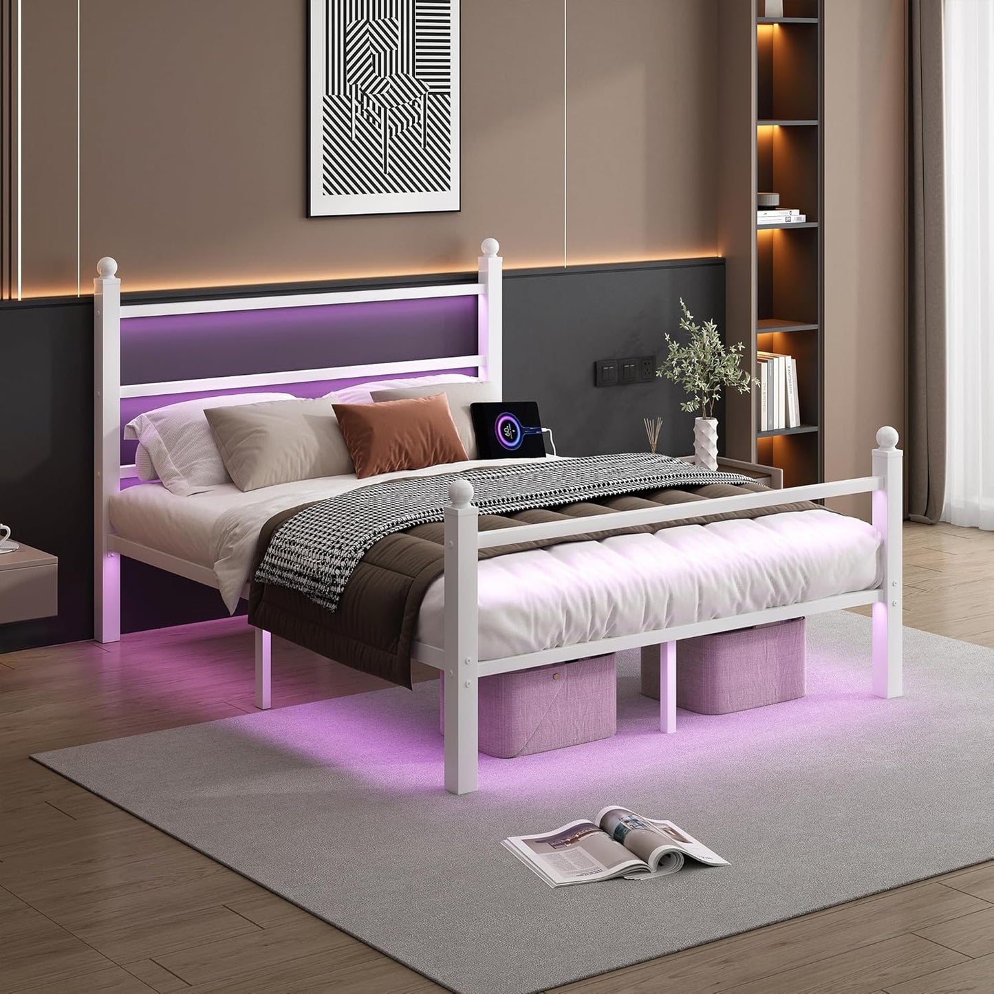 Full Size Bed Frame with Headboard and Footboard,Steel Slats Support-LED Bed Frame with USB Charging Station,Mattress Foundation-Under Bed Storage,No Box Spring Needed,Noise Free,White