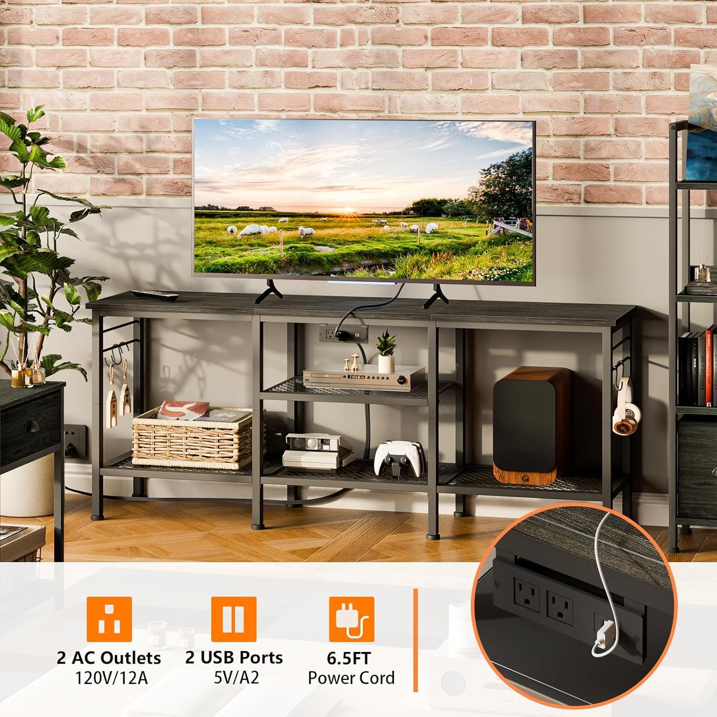 Furologee TV Stand with Power Outlets, Entertainment Center with Open Storage Shelves for TVs up to 55 Inch, Media Console Table with Soundbar Shelf for Living Room, Bedroom, Black Oak
