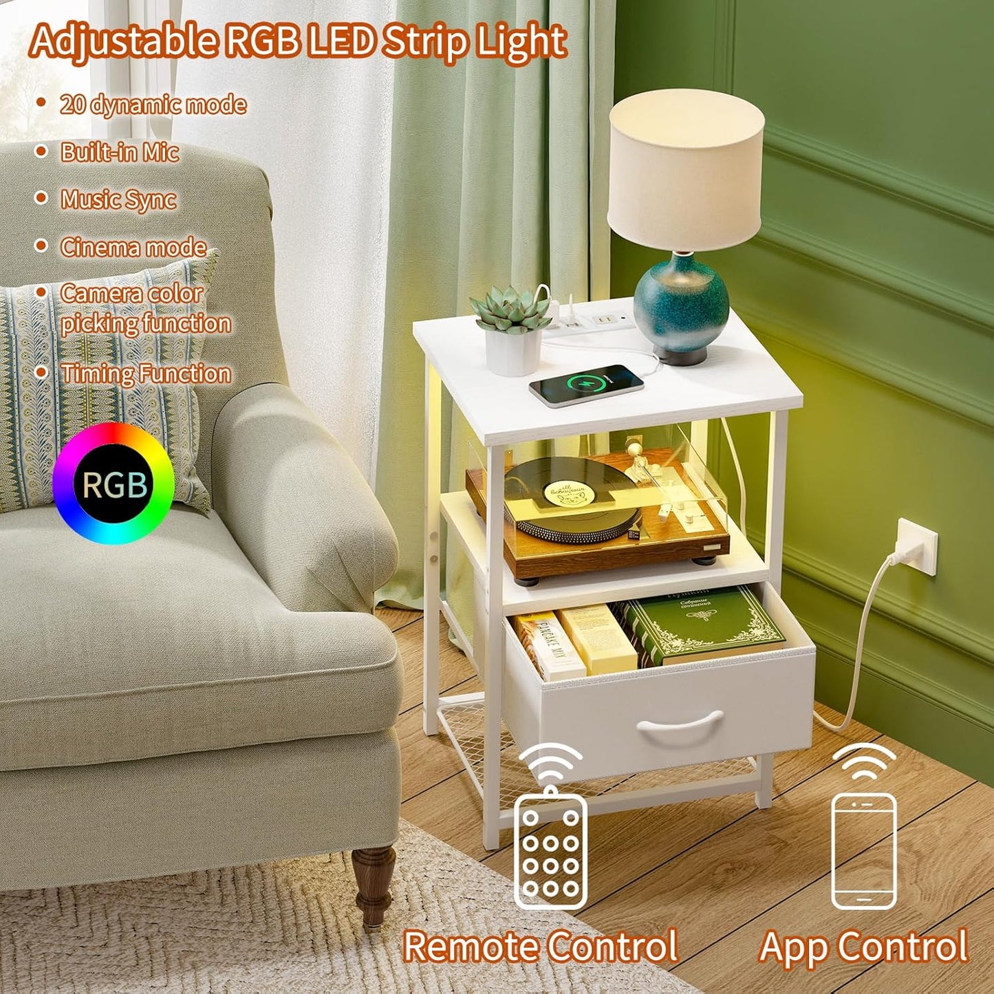 Fixwal Night Stand with Charging Station, LED Nightstand with Fabric Drawers, End Table with PU Finish, Bed Side Table, White