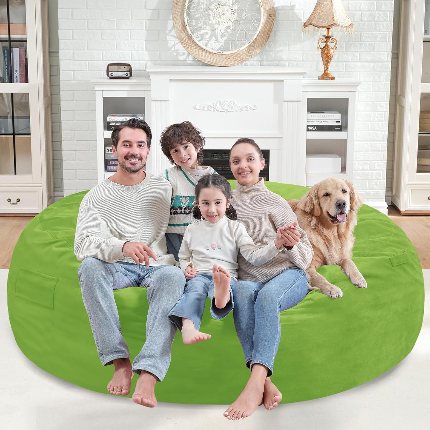 7FT Bean Bag Chair, Large Bean Bag Chairs with Memory Foam Filled, Fluffy Beanbag Sofa with Dutch Velvet Cover, Round BeanBag Chairs for Living Room, Playroom - Lime