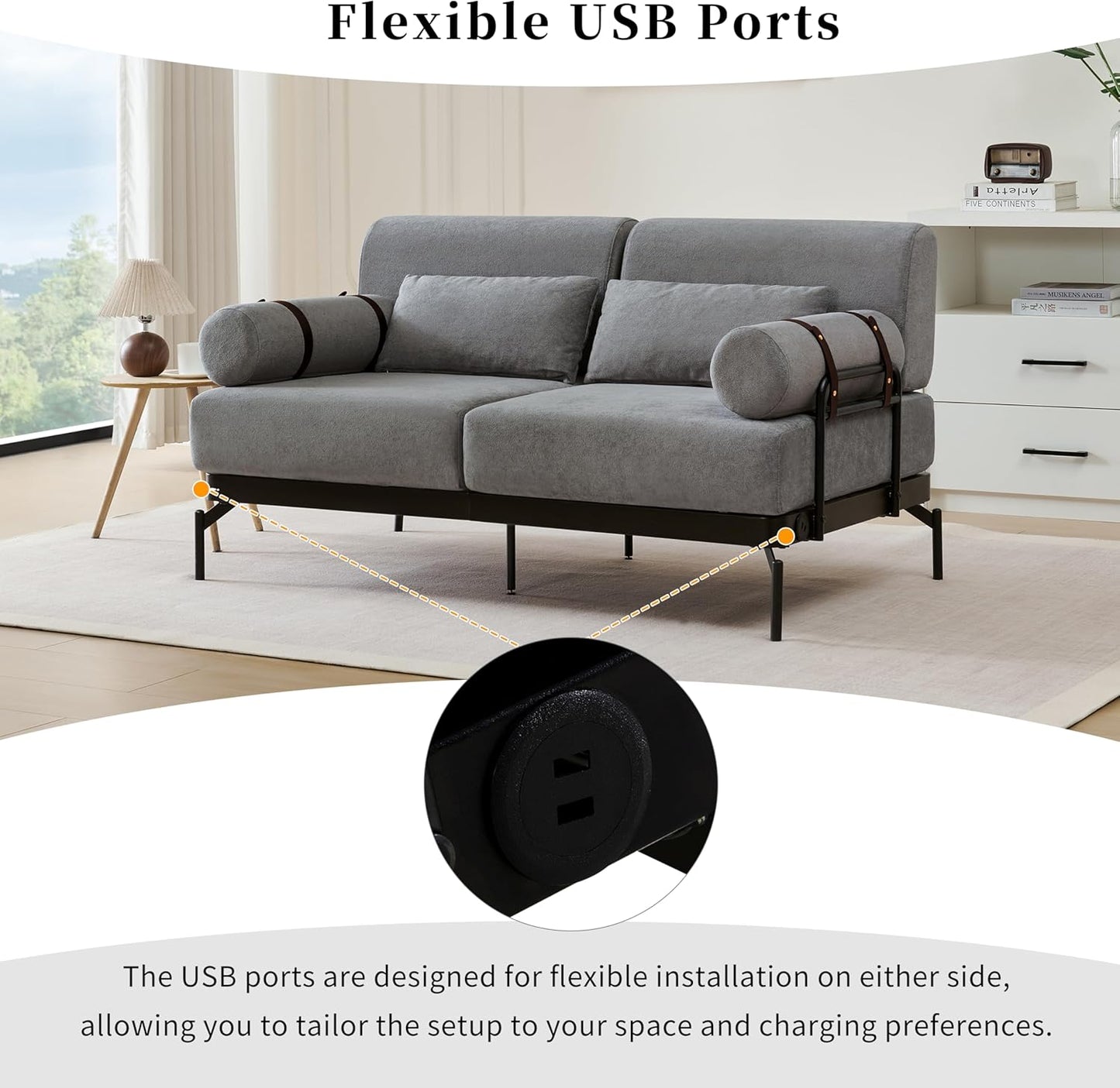 Modern Loveseat Sofa 59" Sofa Couch 2-Seater Sofa with Flexible USB Ports, Unique Cylindrical Armrests for Living Room, Grey