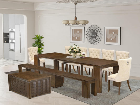 X07DA-BC8-32 10-Pc Kitchen Table Set includes an Extendable Rectangle Kitchen Table, 1 Coffee Table, 7 Polyester Dining Chairs and 1 Bench, 39x120 Inch, Antique Walnut