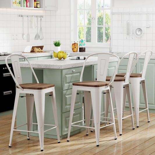 Yongqiang Metal Bar Stools Set of 4 Kitchen Island Counter Height Bar Stools High Back Farmhouse Barstools with Large Wooden Seat 24 inch Cream White