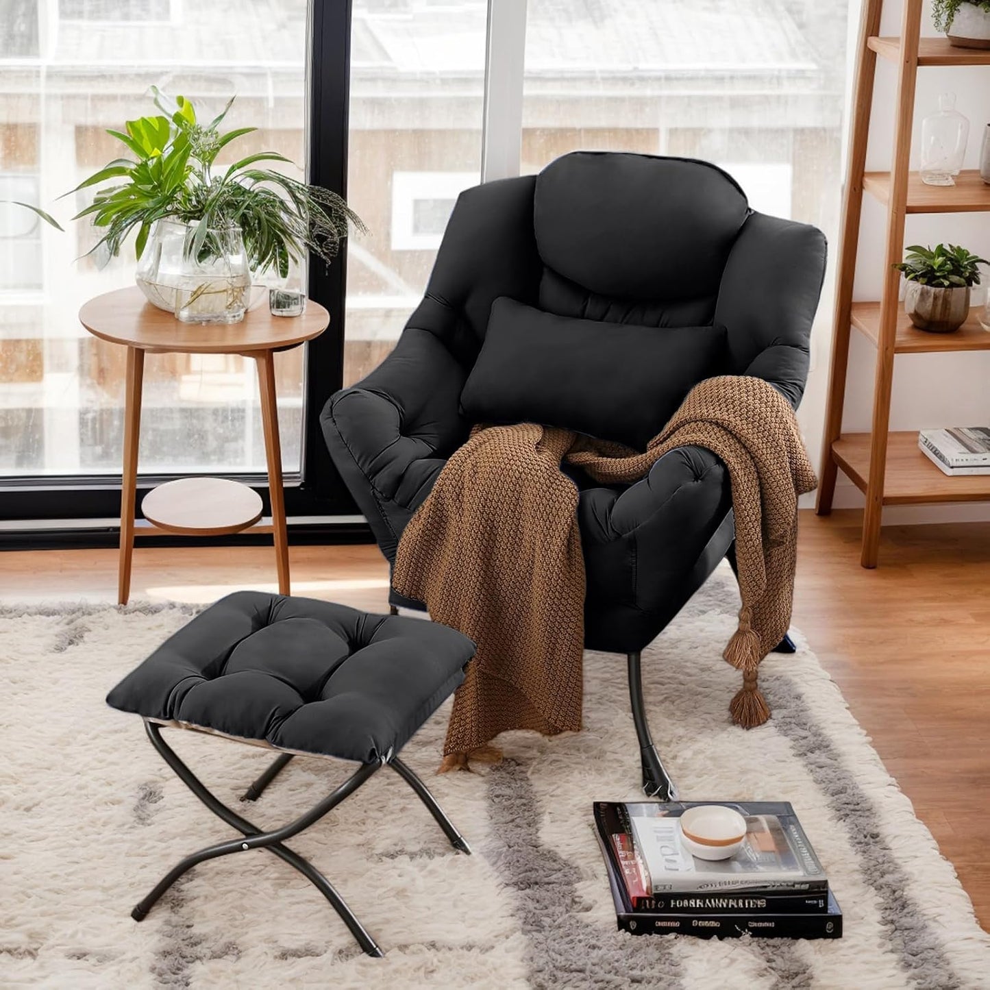 Lazy Chair with Ottoman, Comfy Fabric Accent Lounge Arm Chair with Lumbar Pillow and Folding Footrest, Reading Leisure Sofa Chair for Bedroom, Living Room, Dorm,Black