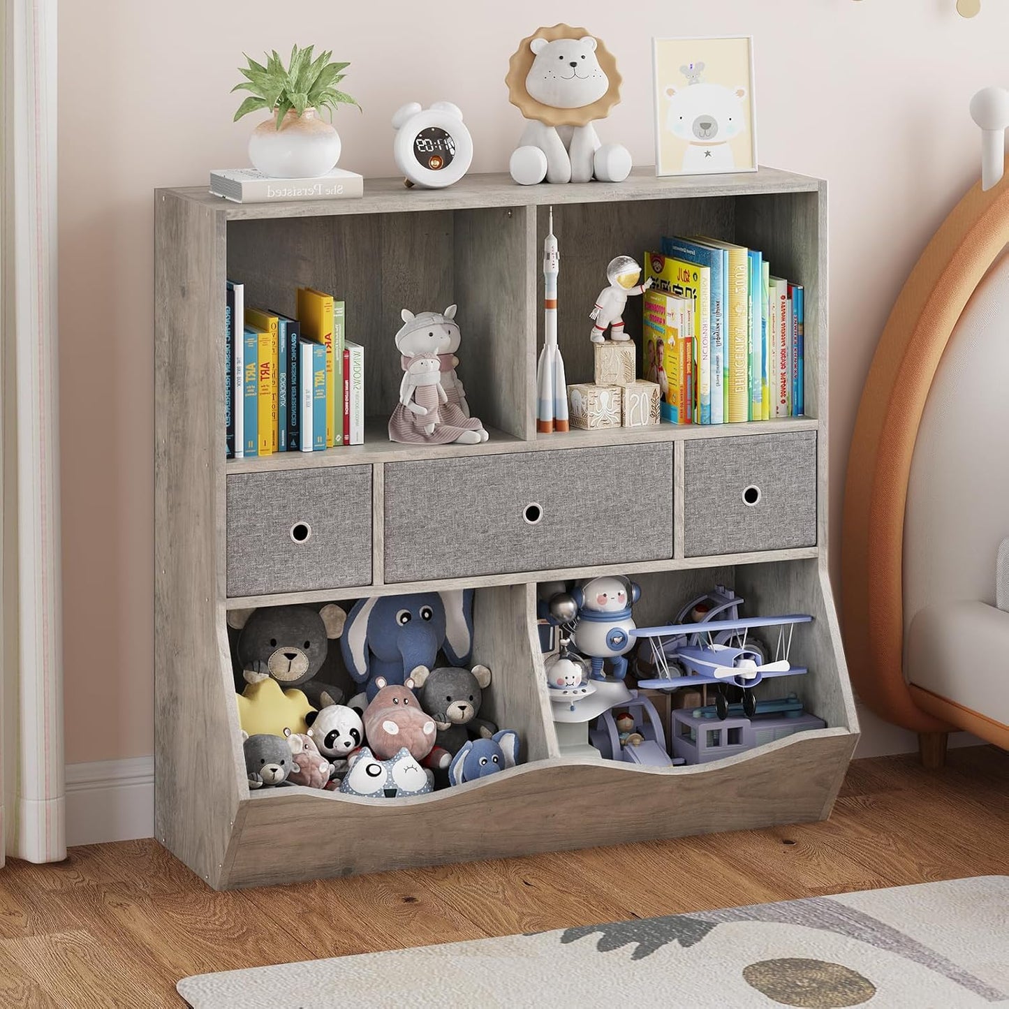 IDEALHOUSE Kids Bookshelf and Toy Storage Organizer with 3 Movable Drawers, Floor Storage Cabinet Toy Chest with 4 Cubbies, Multifunctional Storage Chest for Nursery, Playroom and Bedroom, White
