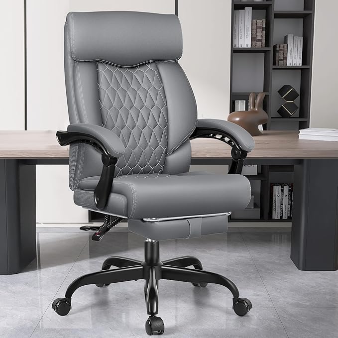 Office Chair, Big and Tall Office Desk Chair, Reclining Office Chair with Footrest Home Office Desk Chairs, High Back Ergonomic with Lumbar Support, Executive Leather