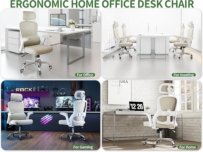 Office Chair - Ergonomic Desk Chair with Adjustable Headrest Lumbar Support Computer Chair - Mesh Comfy Chairs with Flip-up Armrests - Big and Tall Gaming Chairs for Adults Home Office(Beige)