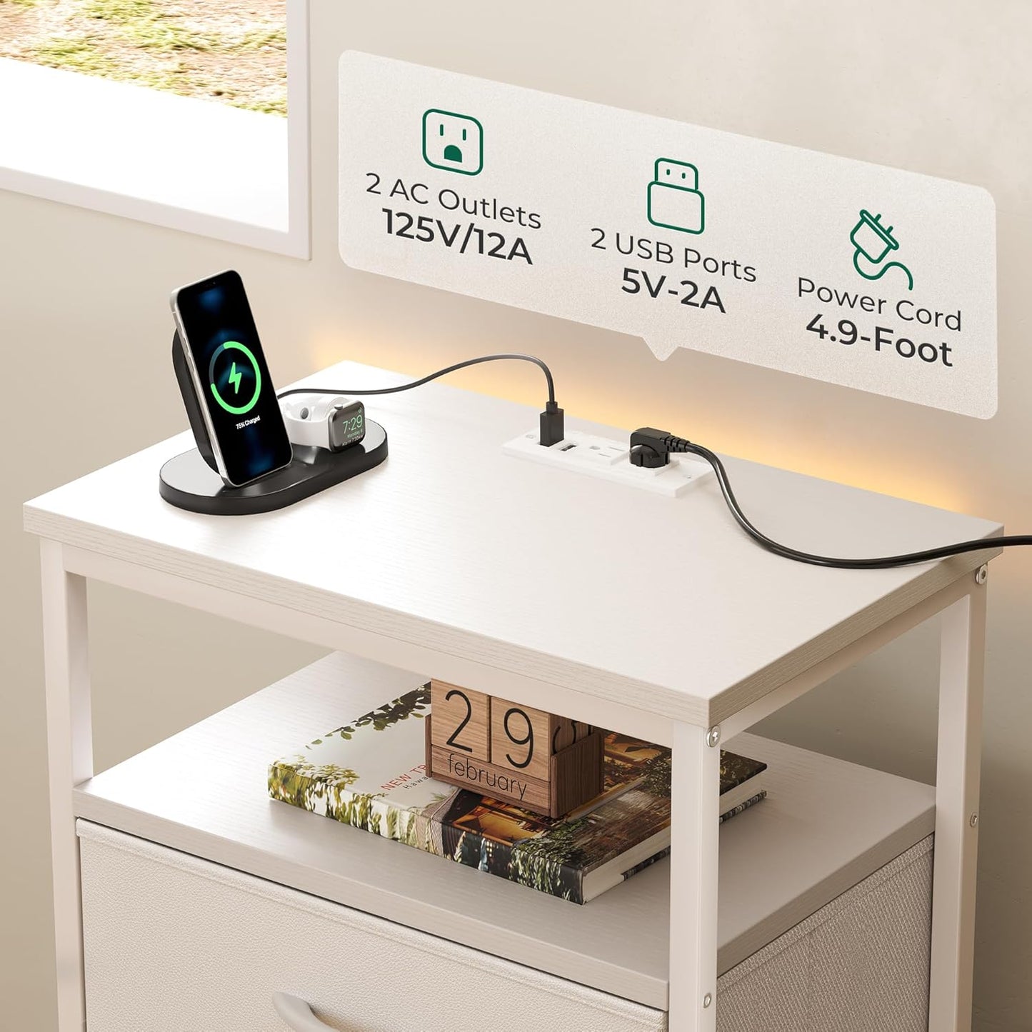 Huuger Nightstands Set of 2, 27.6 Inch End Tables with Charging Station, Bedside Tables with Drawers, PU Leather Finish, USB Port and Outlet, Night Stands for Bedroom, White