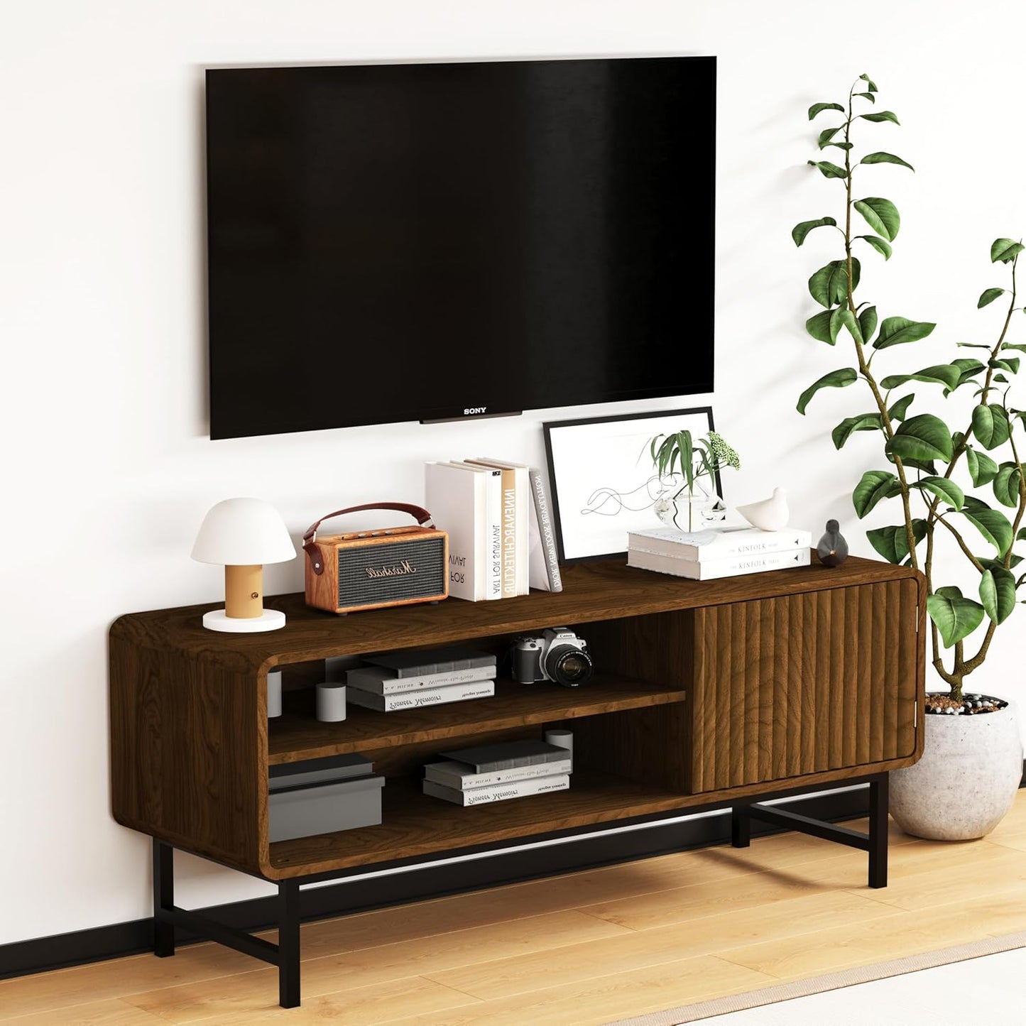 TV Stand,Mid Century Modern Entertainment Center with 2 Open Shelves，Farmhouse TV Media Console Table for Living Room,Bedroom,Television Stand up to 50 Inches,Black Walnut