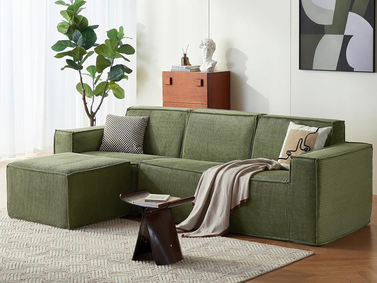 LINSY HOME Modular Sectional Sofa, 105" Boneless Couch L Shaped 3-Seat Sofa with Ottoman, Corduroy Sectional Cloud Couches for Living Room, No Assembly Required, Green