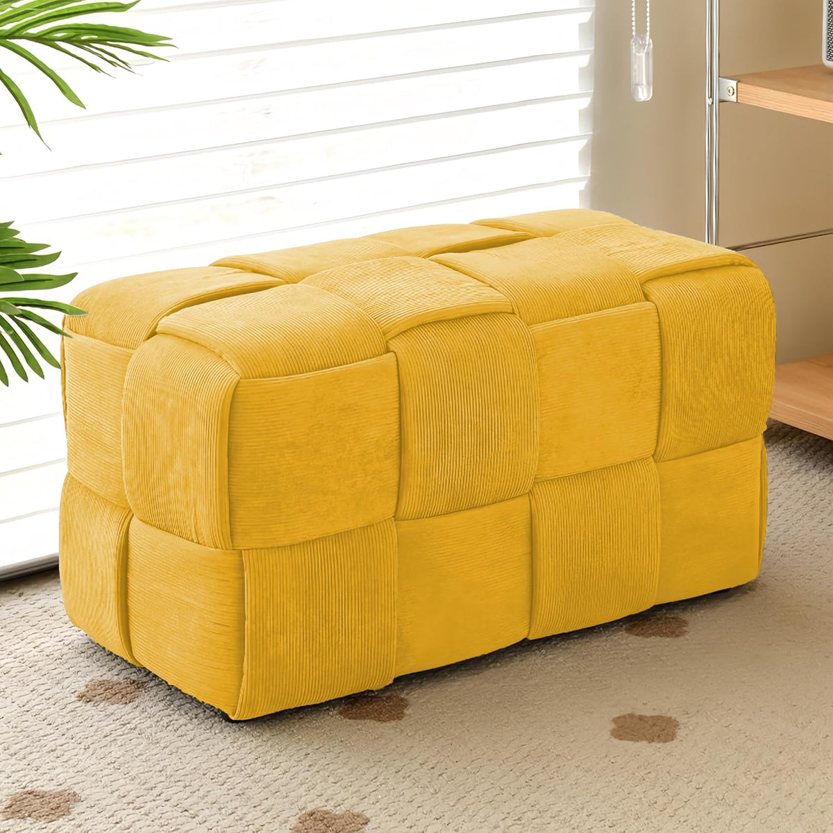 Ottoman Foot Rest Soft and Comfortable Ottoman Square Corduroy Woven Design Sofa Stool (Yellow-L)