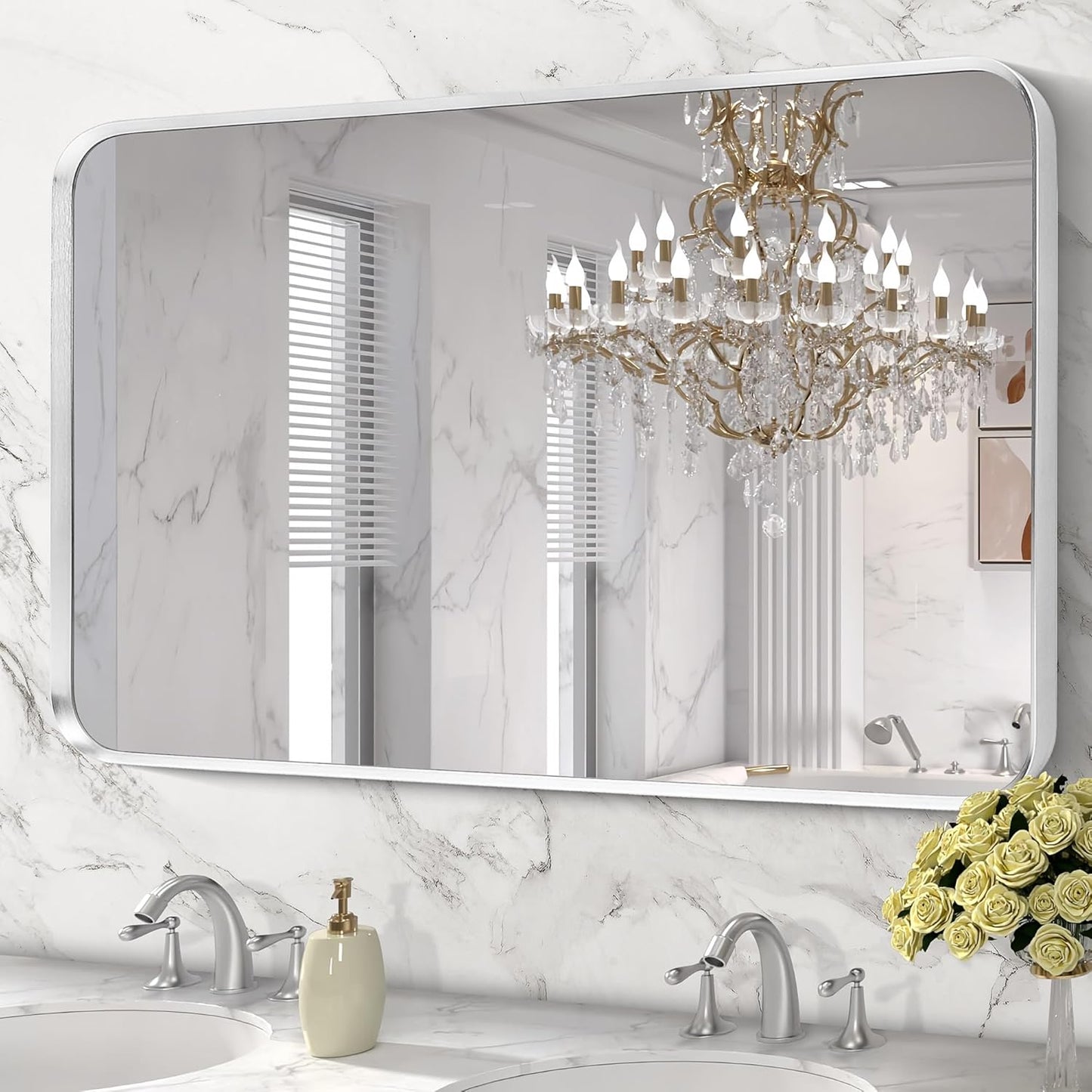Brushed Nickel Bathroom Wall Mirror, Silver Metal Framed Large Rounded Corner Rectangle Mirror, Tempered Glass, Shatter Proof, Hangs Horizontally or Vertically (30" x 48", Silver)