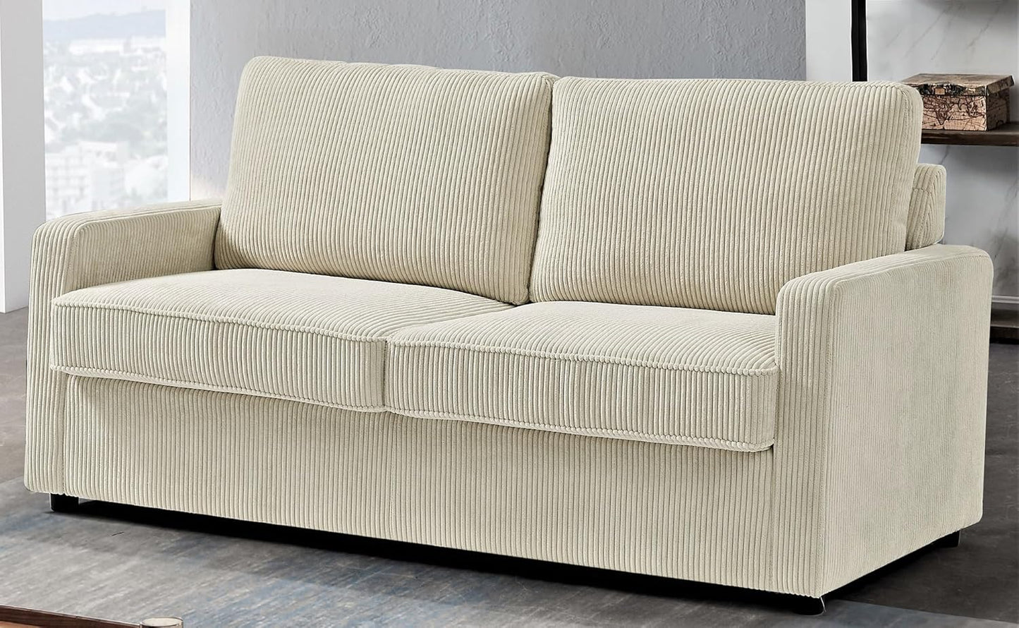 Reversible Sleeper Sofa Bed with Comfortable Memory Foam Mattress, Convertible Corduroy Full Size Pull Out Couch for Living Room, Space Saving Furniture, 70" Wide, Rectangular Arms, Ivory