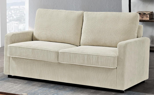 Reversible Sleeper Sofa Bed with Comfortable Memory Foam Mattress, Convertible Corduroy Full Size Pull Out Couch for Living Room, Space Saving Furniture, 70" Wide, Rectangular Arms, Ivory