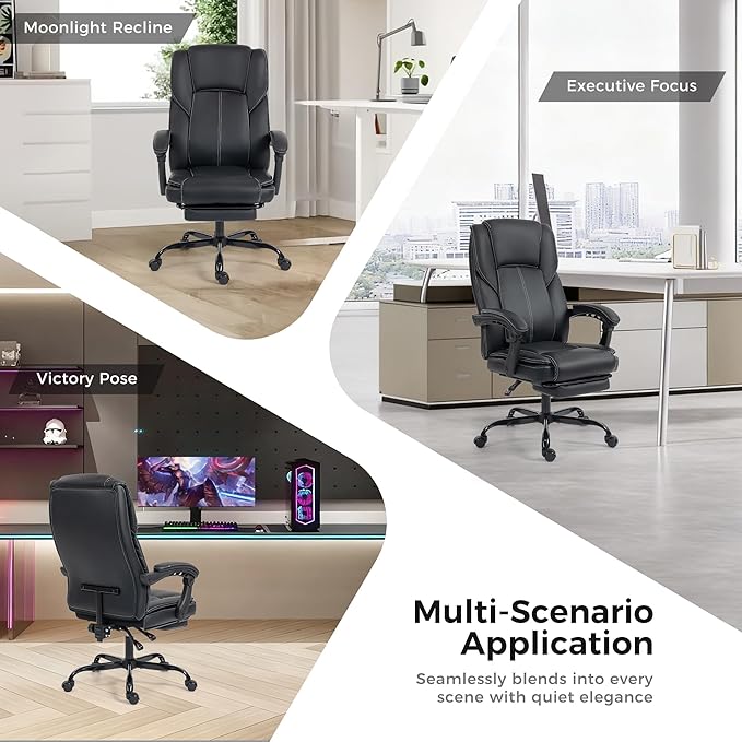 Office Chair with Footrest, Executive Breathable Leather Office Desk Chair with Lumbar Support - Ergonomic Comfy Wide Reclining Swivel Rolling Gaming Computer Chair with Adjustable 90-135° High Back