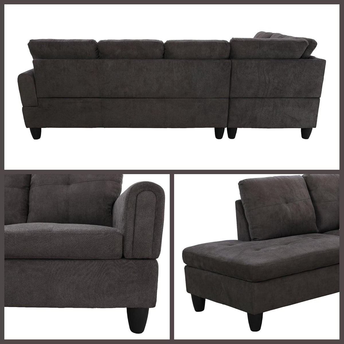 L Shaped Couch Sectional Couches with Chaise, Fluffy Fabric 3 Pieces Modular Convertible Sofa for Living Room Furniture Sets and Small Apartment, Dark Brown