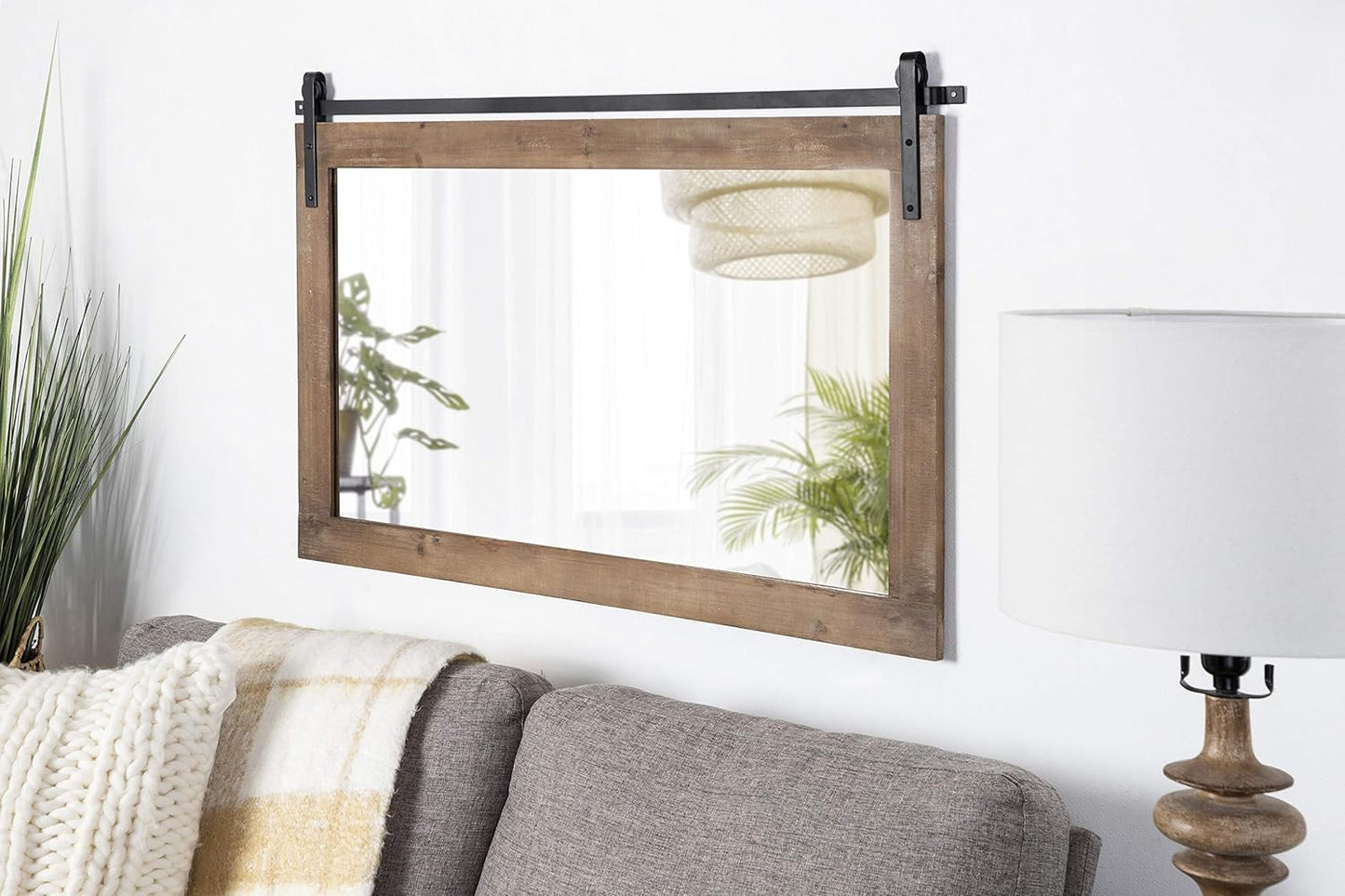 Kate and Laurel Cates Farmhouse Horizontal Wood Framed Wall Mirror, 40 x 26, Rustic Brown, Barn Door-Inspired Rustic Mirrors for Wall
