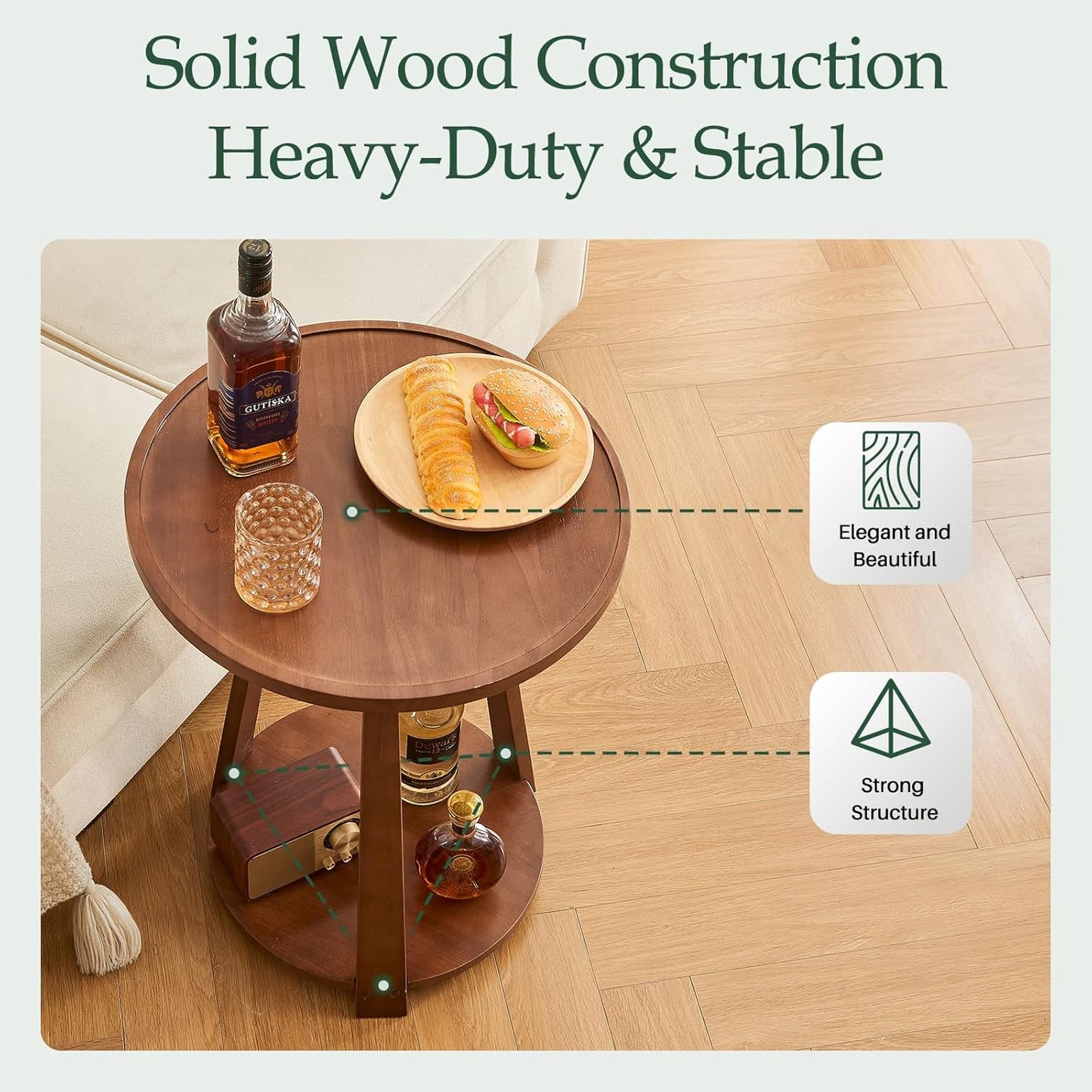 Round Solid Wood Side Table - Small Round Wooden End Table, Modern Living Room Side Beside Tables with Shelf for Couch Sofa Armchair Office Bedroom, Walnut, 19.6 in x 19.6 in x 23.6 in