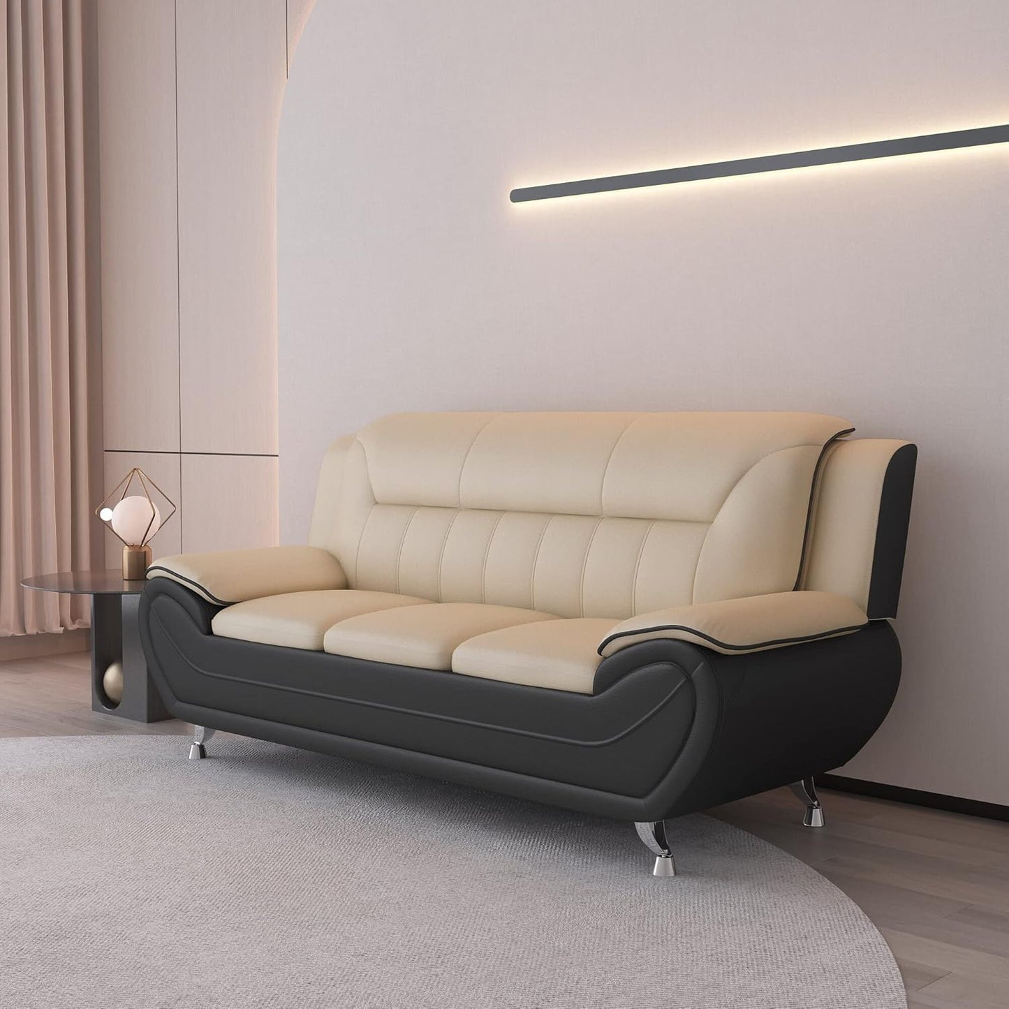 Container Furniture Direct Michael Modern Faux Leather Upholstered Stainless Steel Legs Living Room Sofa, Loveseat, Black Camel