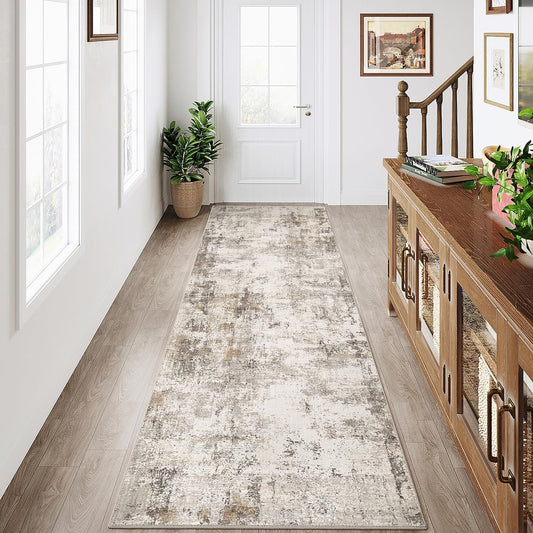 2x6 Washable Runner Rug Brown Grey Neutral Abstract Hallway Kitchen Living Room Bedroom Non Slip Throw Rug Soft Low Pile Indoor Carpet for Entrance Laundry Bathroom