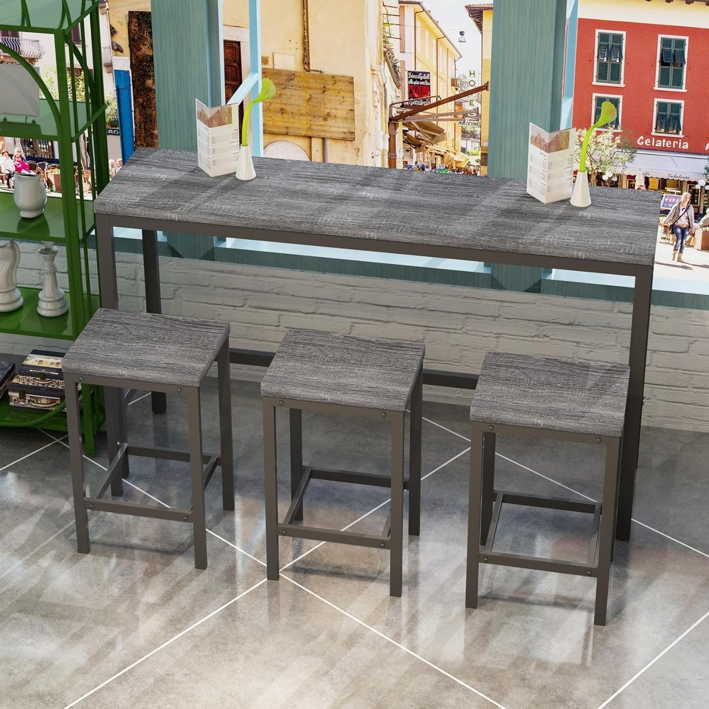 KEIKI 60.24” Long Bar High Top Dining Table and 3 Stools Chairs Set, Wood Behind Couch Sofa Counter Height Pub Furniture for Breakfast, Kitchen Living Party Room, Grey