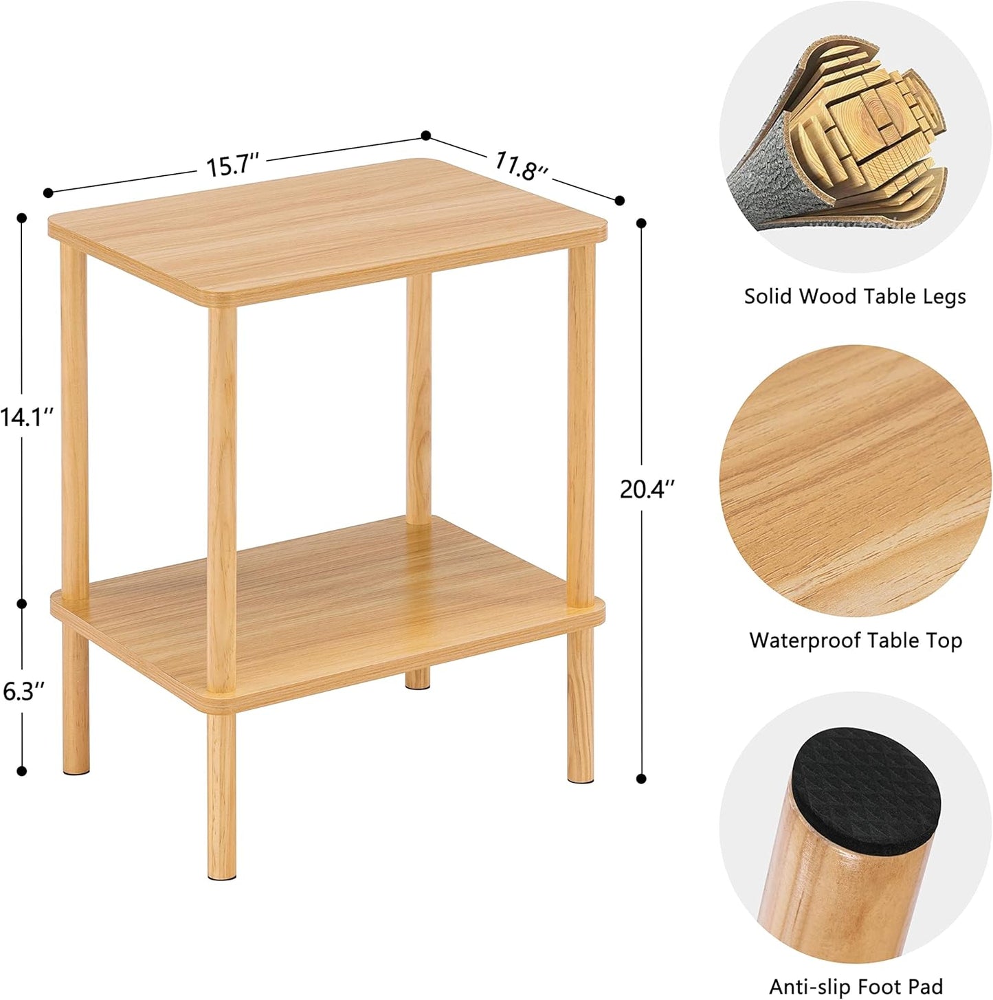Apicizon 2 Tier End Table Set of 2, Small Side Table with Solid Wood Legs, Boho Bedside Table with Storage Shelf, Nightstand for Small Spaces, Bedroom, Living Room, Entryway, Easy Assembly, Natural