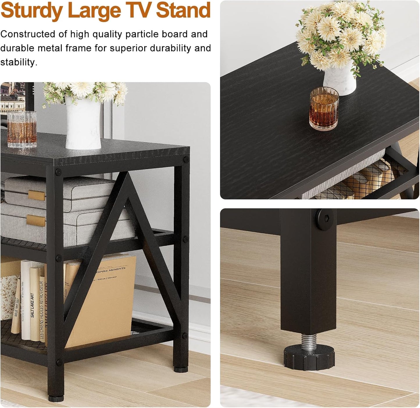 TV Stand for TVs up to 75 Inch, 70" Long Industrial TV Console Table with 3-Tier Storage Shelves, Entertainment Center for Living Room, Bedroom (Black)