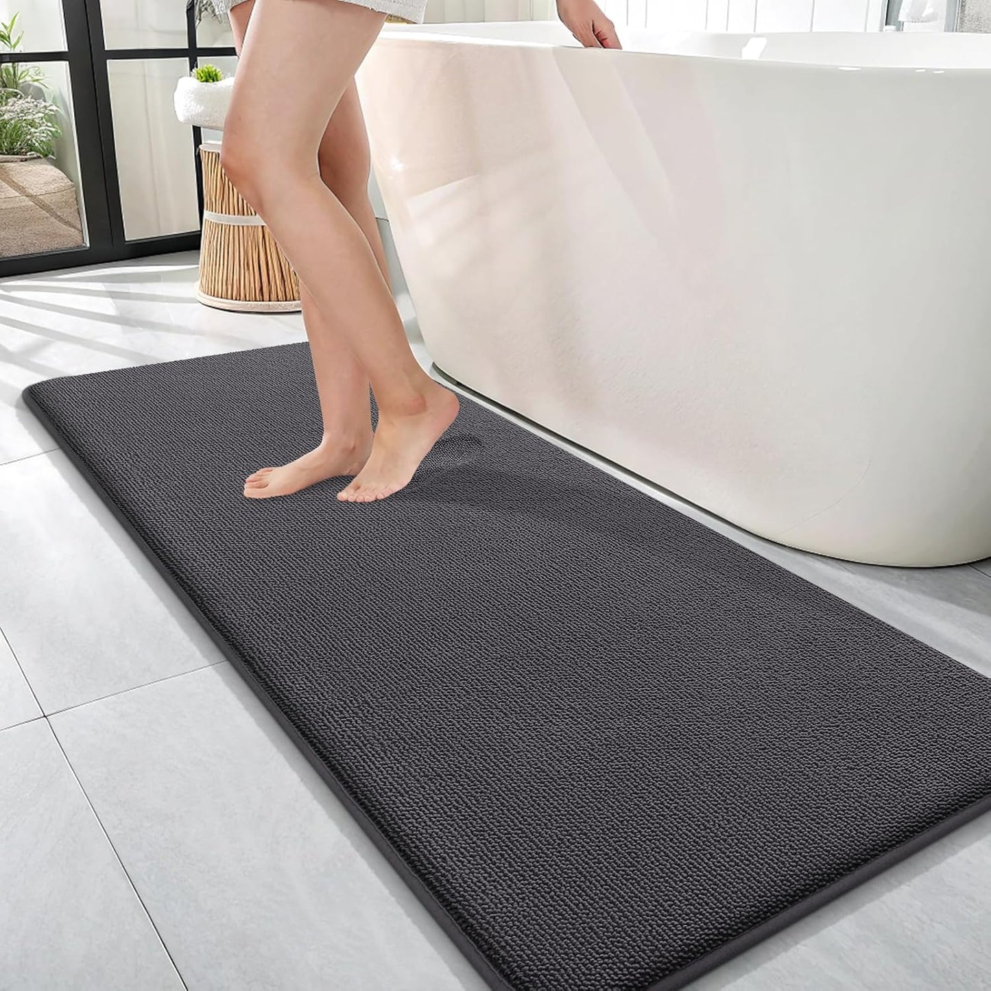 OLANLY Thick Memory Foam Bath Mat Rug 47x17, Extra Soft Absorbent Bathroom Rug, Quick Dry Bath Mats, Non-Slip, Machine Washable Carpet for Bathroom, Tub and Shower, Home Decor Accessories, Dark Grey