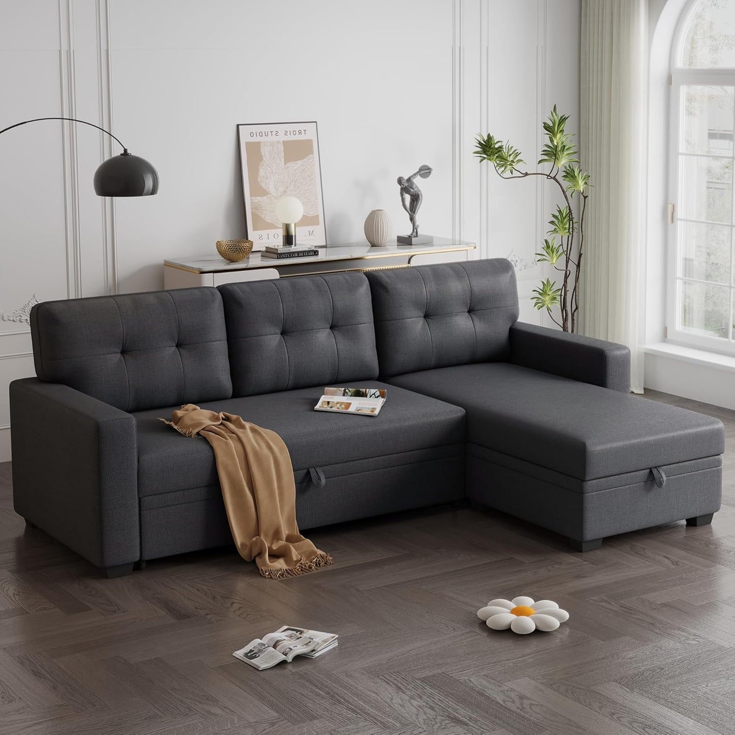 Ball & Cast Convertible Sectional Sleeper Sofa Bed L Shaped 4 in 1 Pull Out Couch with Reversible Storage Chaise & Removable Back Cushions,Sleeper Corner Pull Out Sofa Bed Couch for Living Room,Office