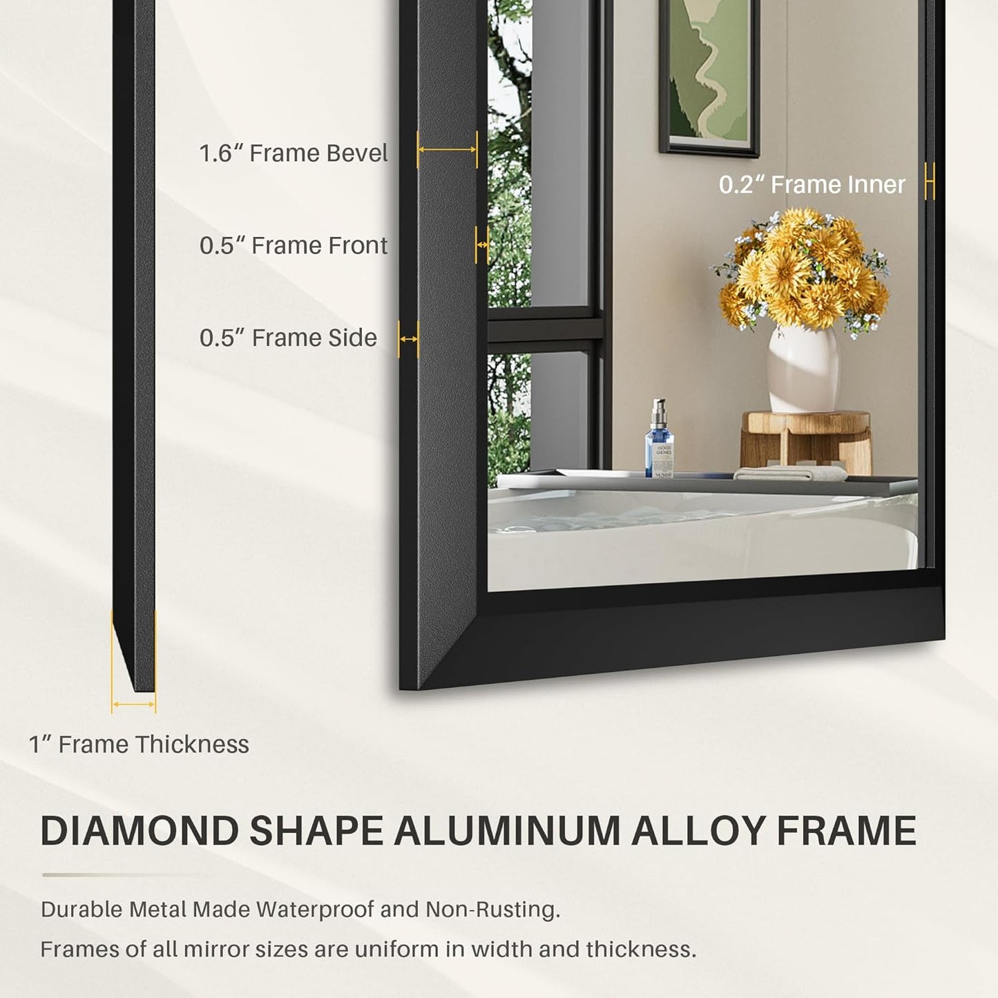 40x38 Inch Black Bathroom Mirror for Wall, Thick Metal Framed Rectangle Mirrors for Over Sink, Bedroom, Living Room, Entryway, Anti-Rust, HD Tempered Glass