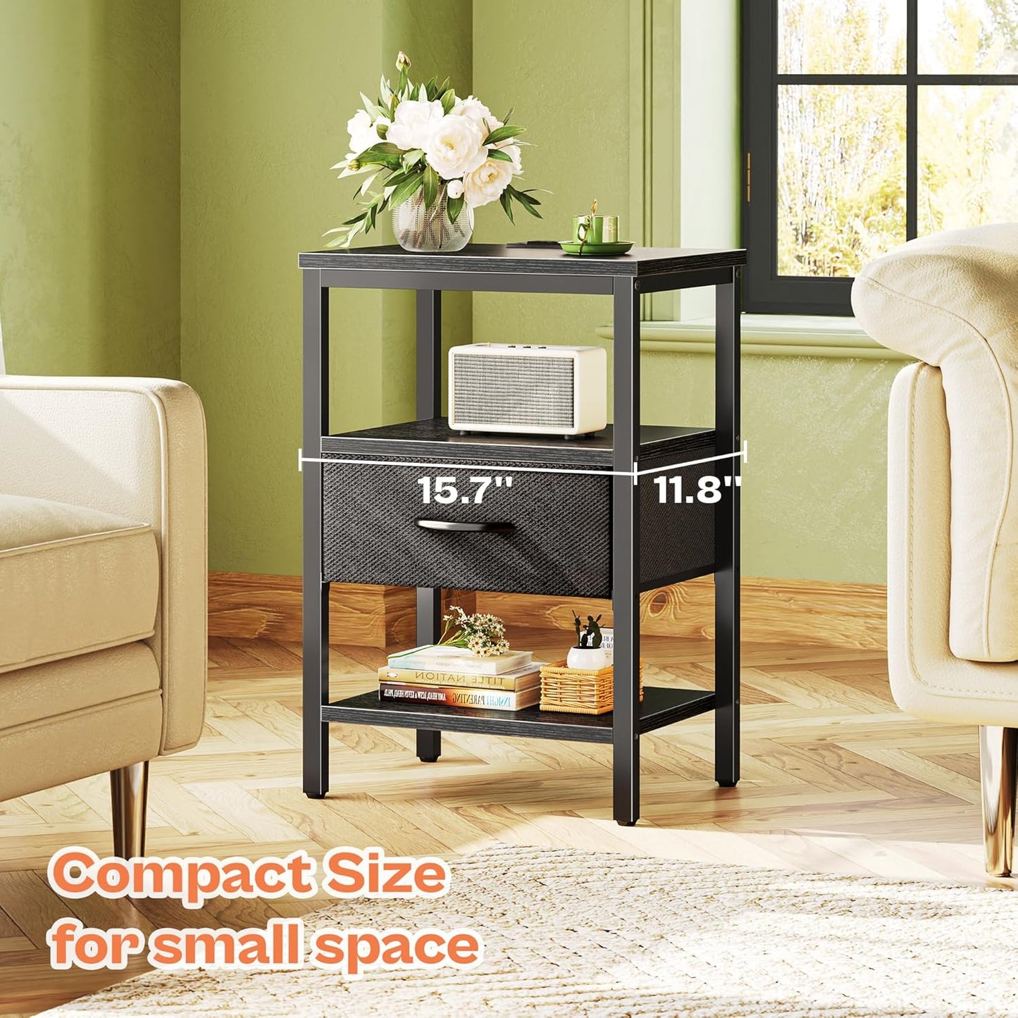 SUPERJARE Nightstand Set of 2, Bed Side Tables with Charging Station, Adjustable Fabric Drawer, Night Stand for Bedroom, 3-Tier Storage End Tables, Black
