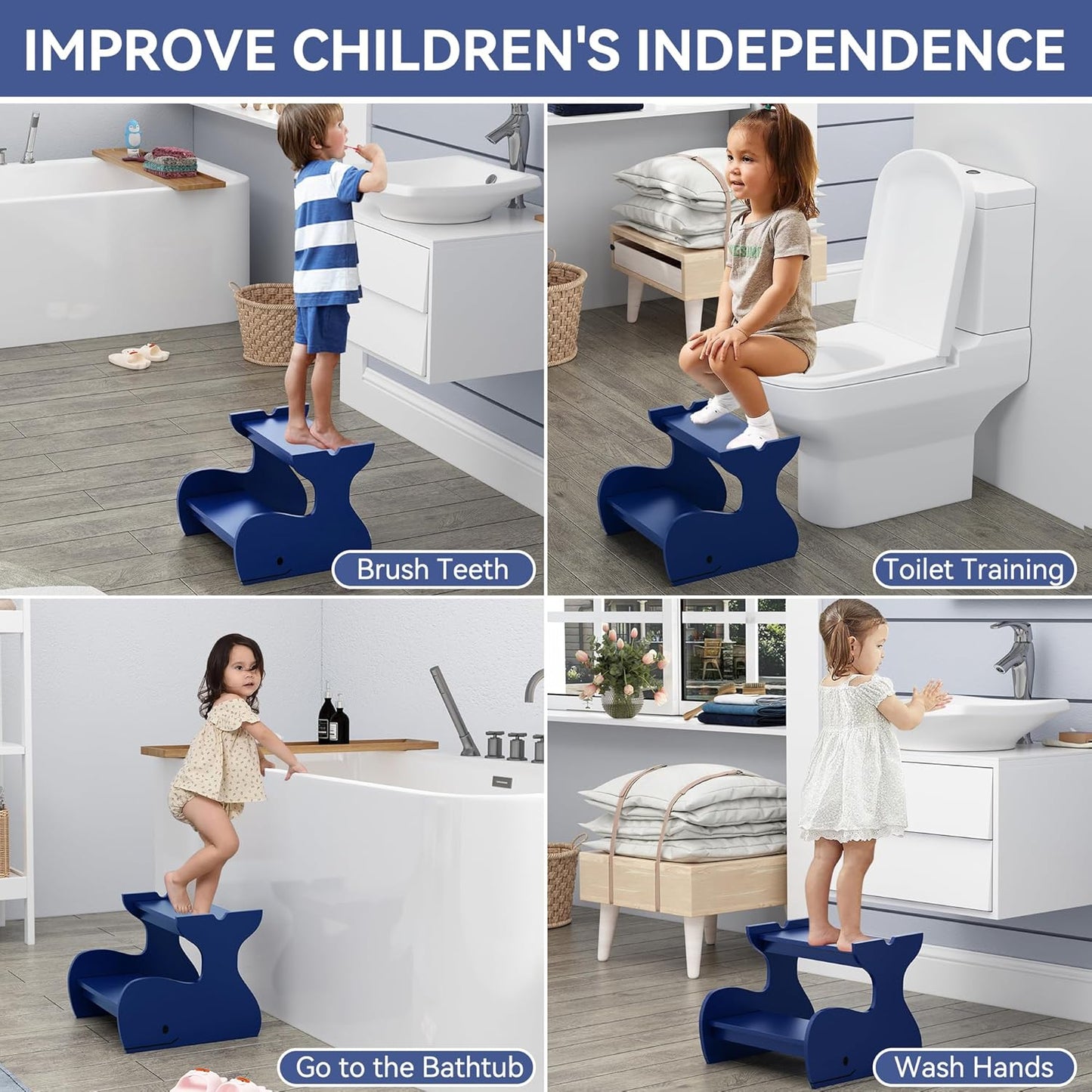 Wood Step Stools for Kids, Child Two Step Stool of Whale Shape, Toddler Step Stools Potty Training Stool, Easy to Move Safety for Kitchen, Bathroom, Bedroom, Toilet