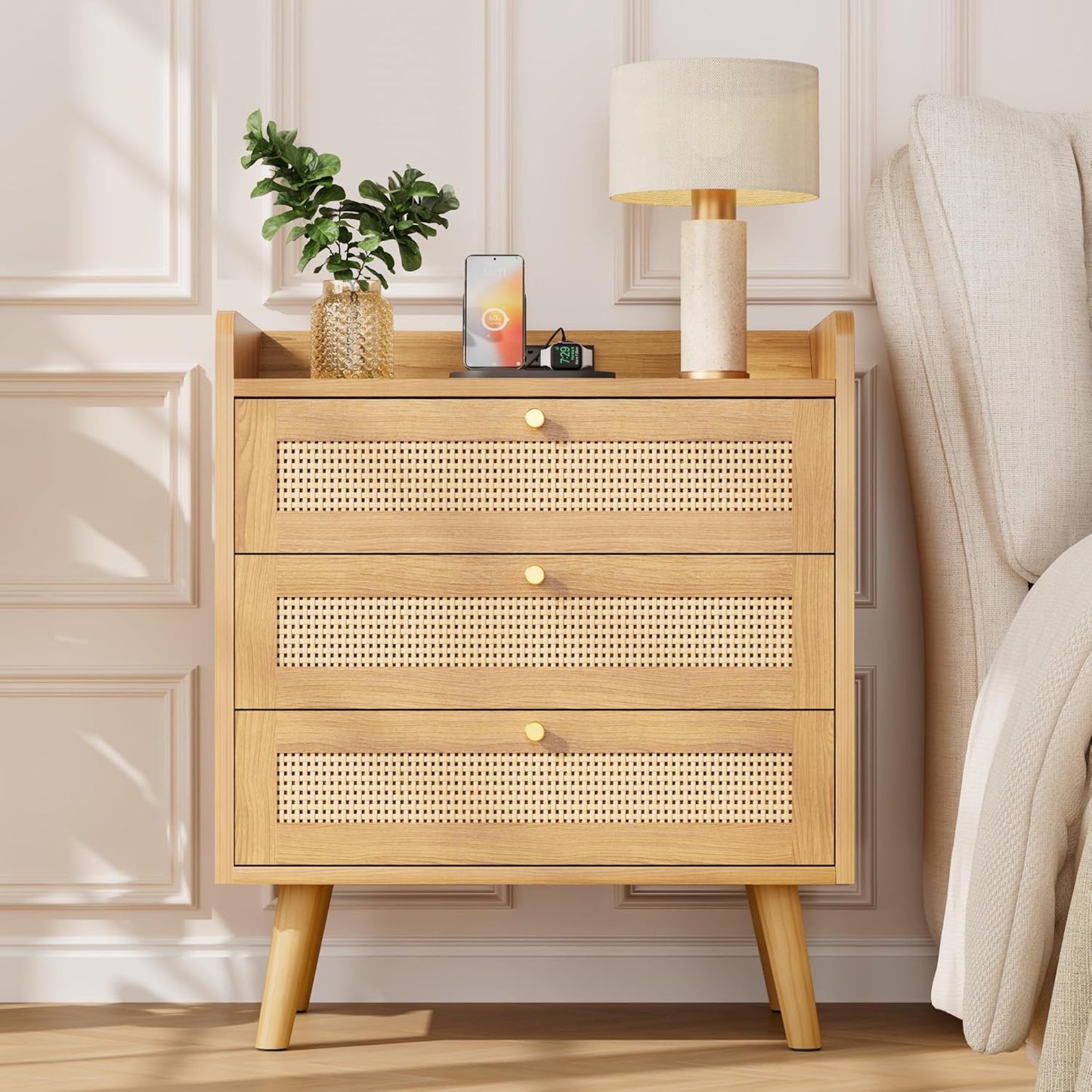 Rattan Nightstand with Charging Station, Night Stand with 3 Large Drawers, Side Table with USB Ports and Outlets, Bedside End Table for Bedroom